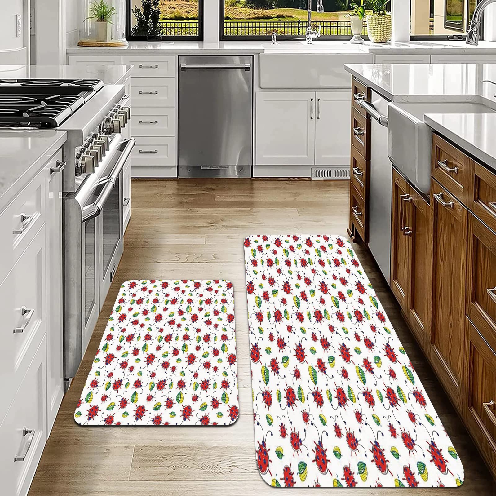 Tapis De Cuisine Antidérapants Motif Coccinelle Et Gouttes D'eau - Lot De 2, Polyester Confortable - Pour évier Ou Bureau Debout Tapis Polyester Lavable Facile