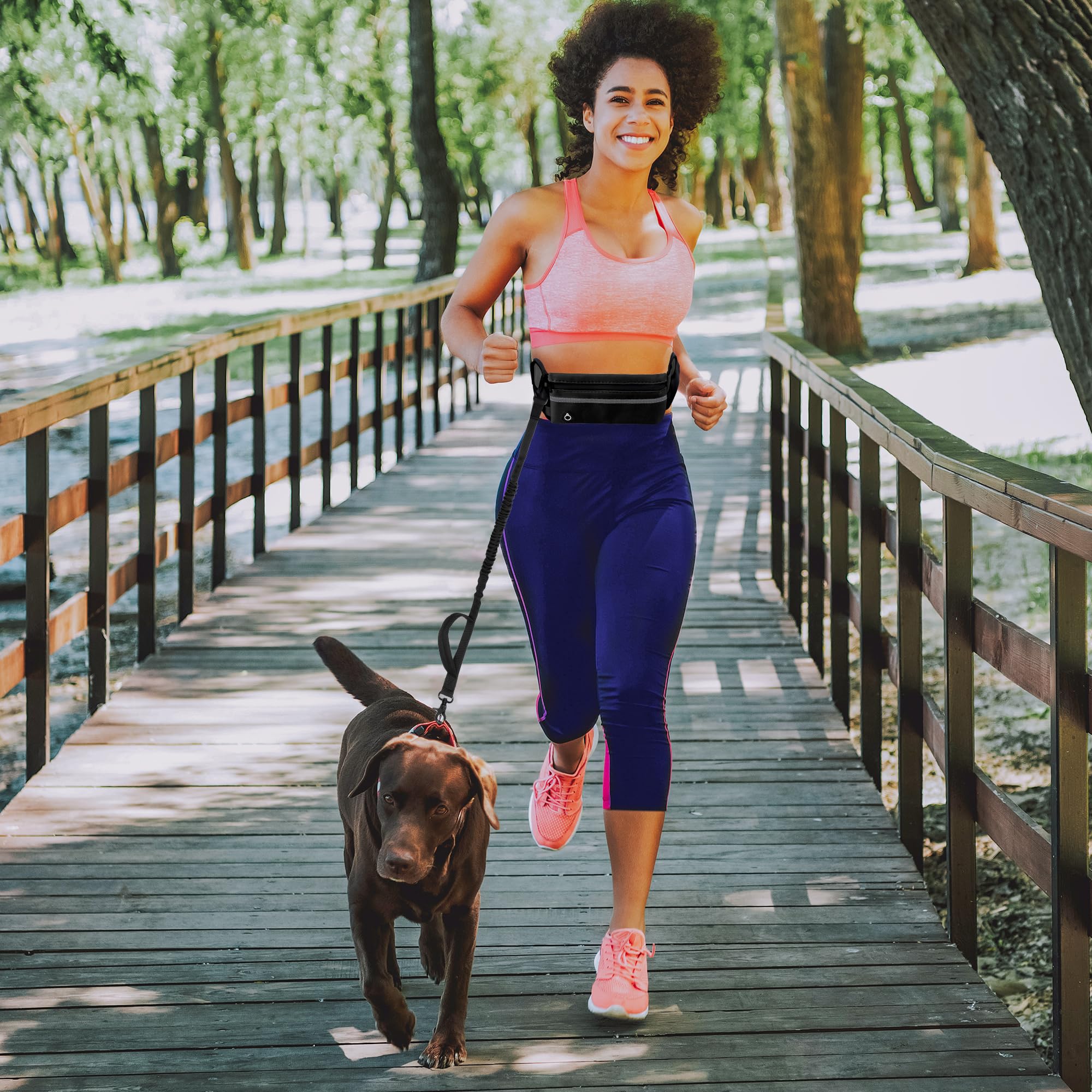 Correa para perro manos libres, correas para correr con bolsa con cremallera, cinturón reflectante ajustable, elástico retráctil de doble asa para perros pequeños, medianos y grandes, para