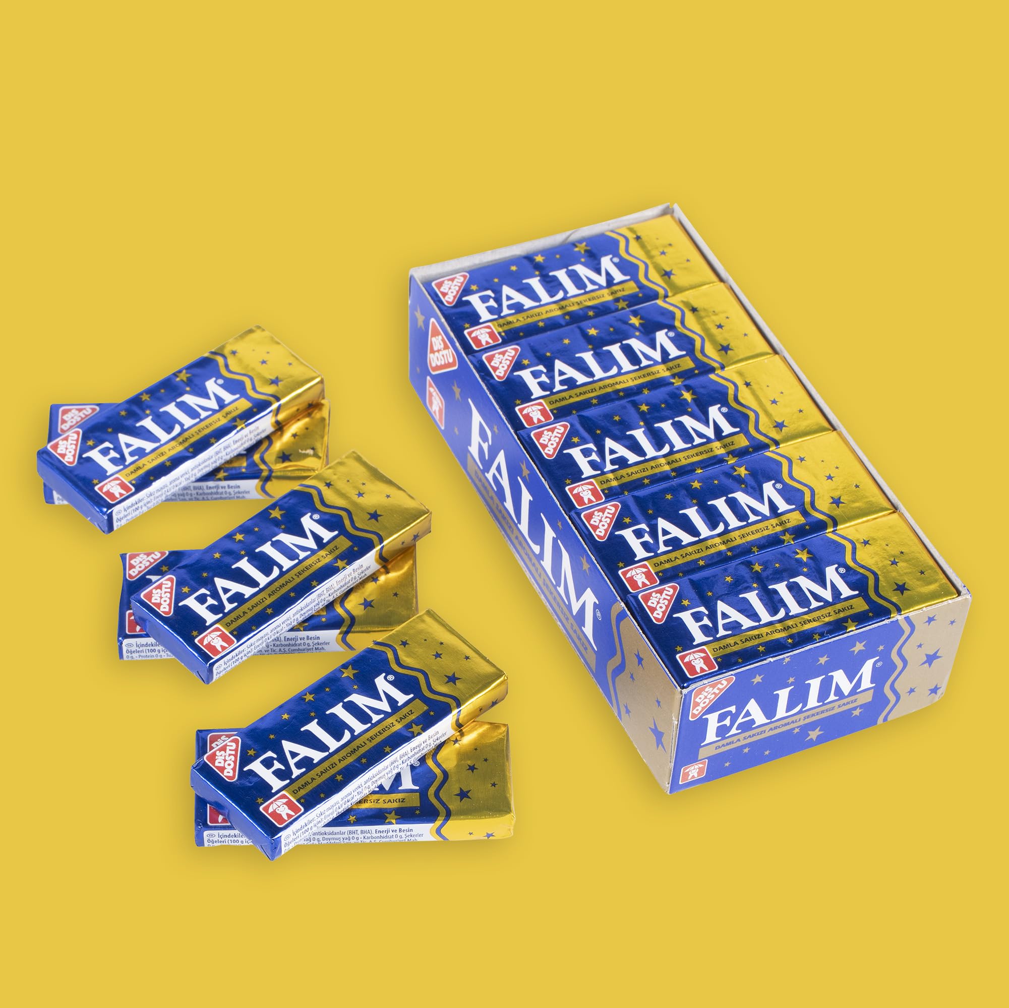 Falim Chewing-gum Saveur Damla Sakız – 1x pack de 5 (140g) – Sans sucre, longue durée & respectueux des dents – Goût traditionnel mastika – Emballage bleu et doré