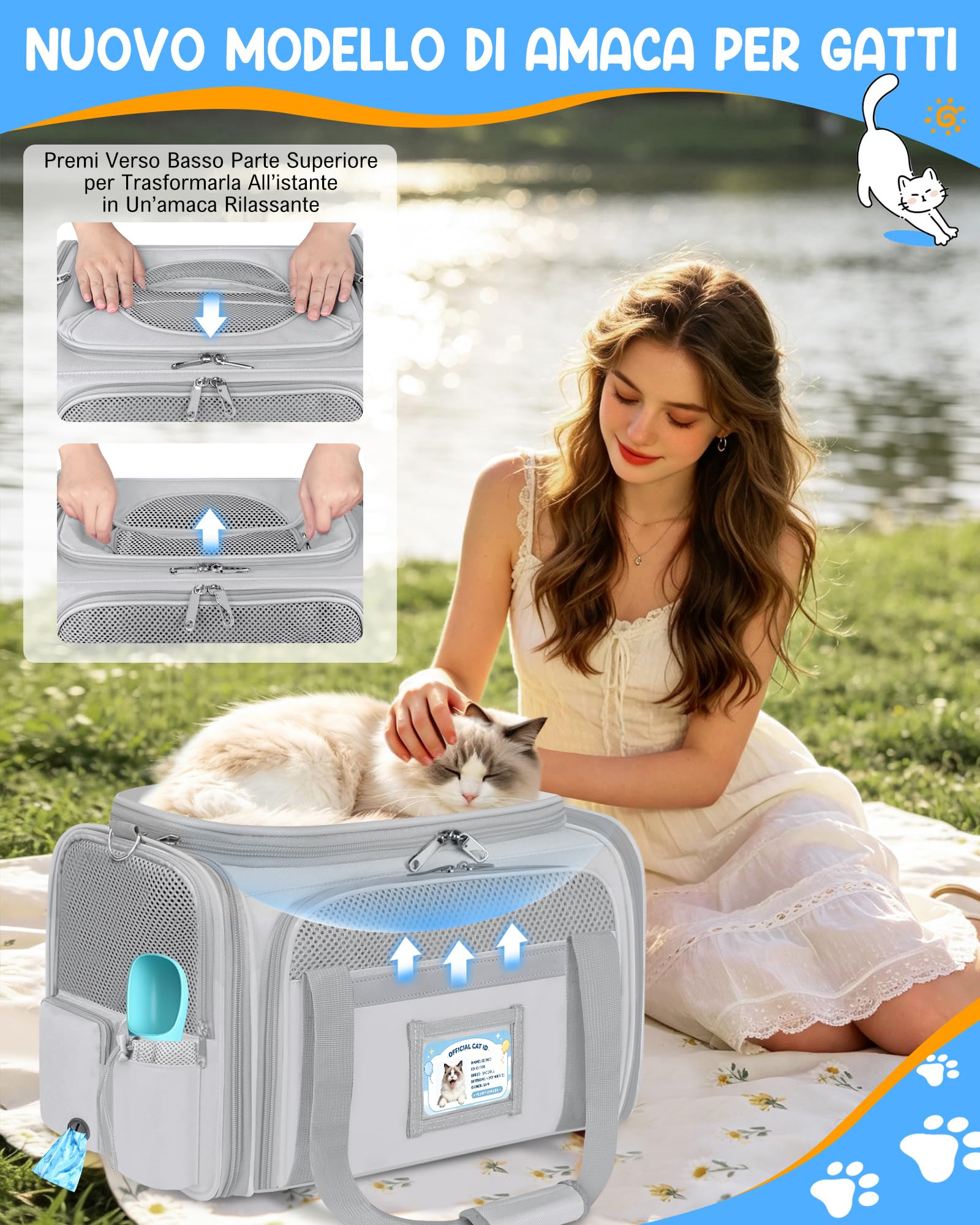 Trasportino Gatto Morbido Pieghevole Approvato Aereo Espandibile Borsa Viaggio Gatti Gatto Pieghevole Fino a 10kg Morbido Pet Carrier per Cani con Cuscino Lavabile e Guinzaglio Interno