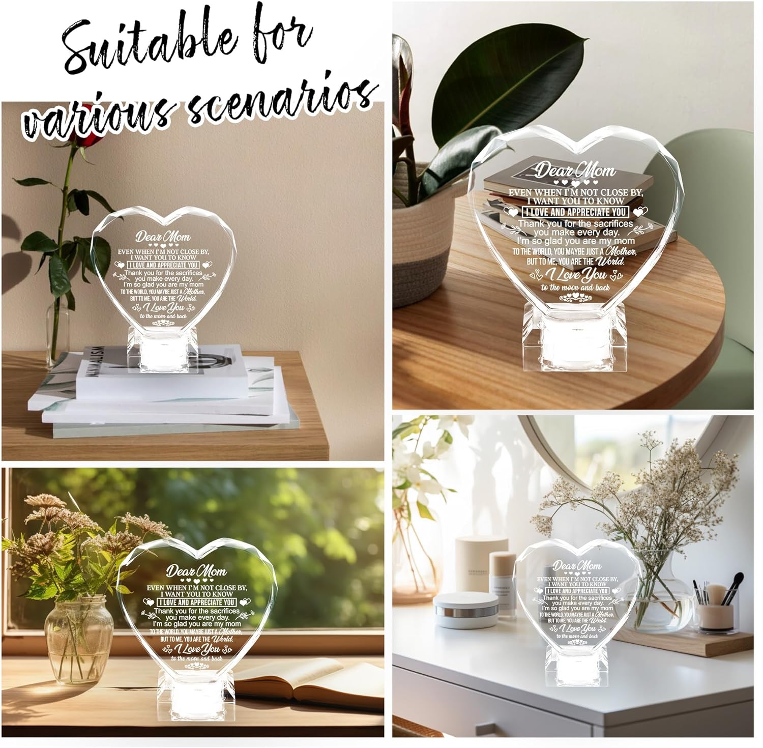 Gifts for Mom Birthday Mothers Day, Perfect Christmas Mothers Valentines Day Birthday Gifts for Mom from Daughter Son, Engraved Mother Crystal Heart with Rechargeable Color-Changing LED Base - Image 5