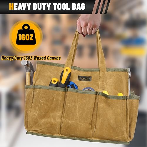 Miniatura 4 de Bolsa de herramientas de lona encerada de 16 onzas  Bolsa de almacenamiento de herramientas de gran capacidad con 10 bolsillos externos