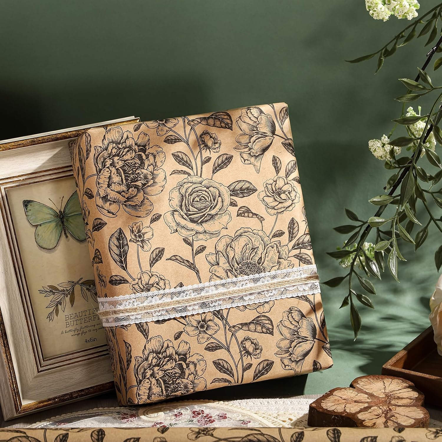 WRAPAHOLIC 30 Inch Kraft Floral Wrapping Paper Roll - 30 Inch x 33 Feet - Vintage Black Flower Wrapping Paper for Birthday, Bridal Shower, Wedding, Baby Shower