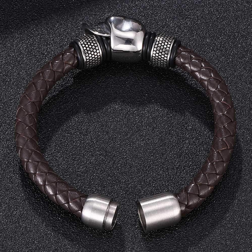Mens Skull Leather Bracelet Stainless Steel Braided Skull Skeleton Bracelet for Men Punk Rock Jewelry - Image 3