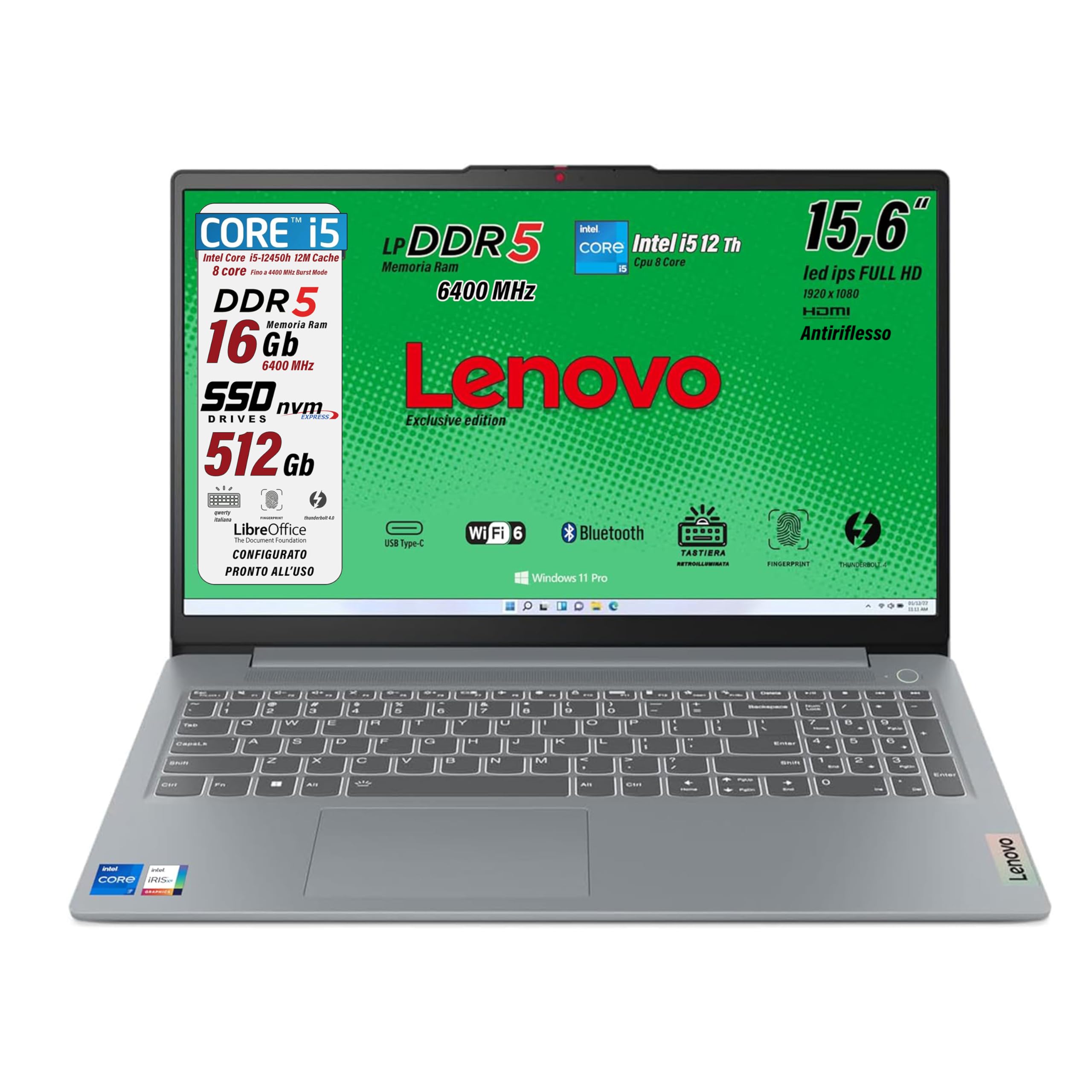 Lenovo, pc portatile, i5 12450H 8 Core, Ram DDR5 16Gb, Display IPS FHD 15,6", SSD 512Gb, Wi-Fi, Bt, USB, Thunderbolt 4.0, Tastiera retroilluminata, fingeprint integrato, Win11 Pro, Pronto all'Uso