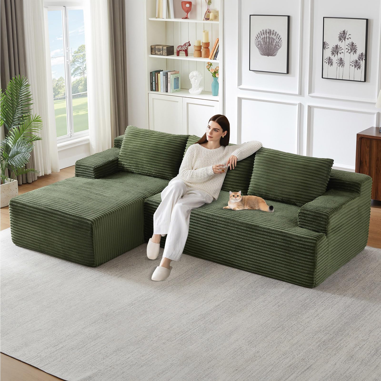96" Modular Sectional Sofa, Modern Corduroy Cloud Couch, Boneless Couch Upholstered 3-Seater L-Shaped Sofa for Living Room, No Assembly Required (Green, Left-Facing Chaise)