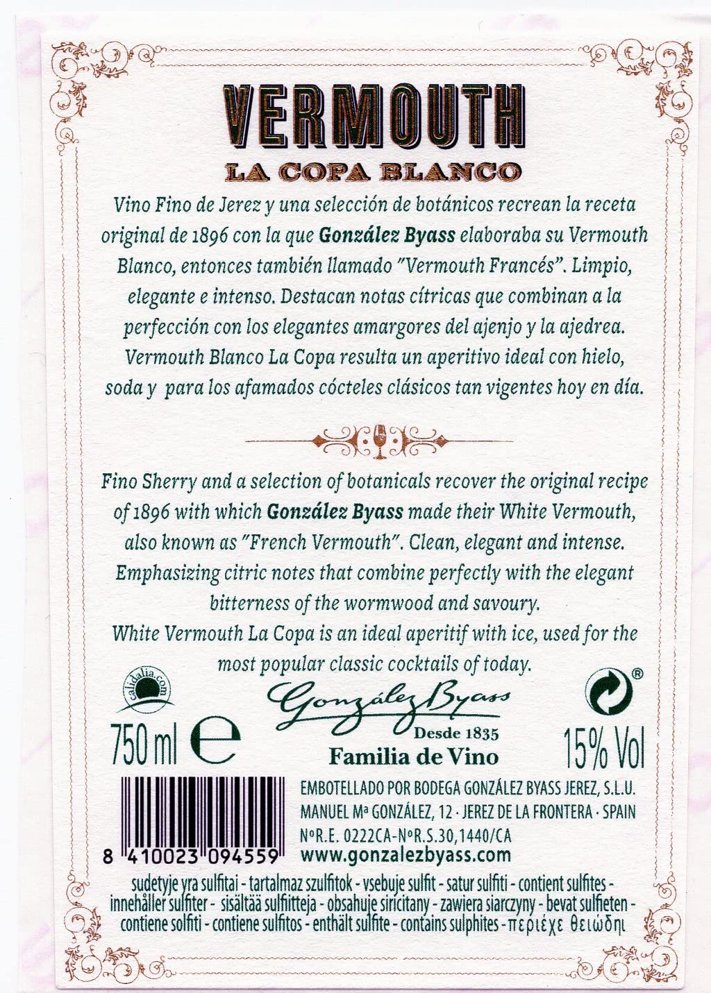 Vermouth La Copa Blanco - D.O. Jerez - 6 botellas de 750 ml - Total: 4500ml
