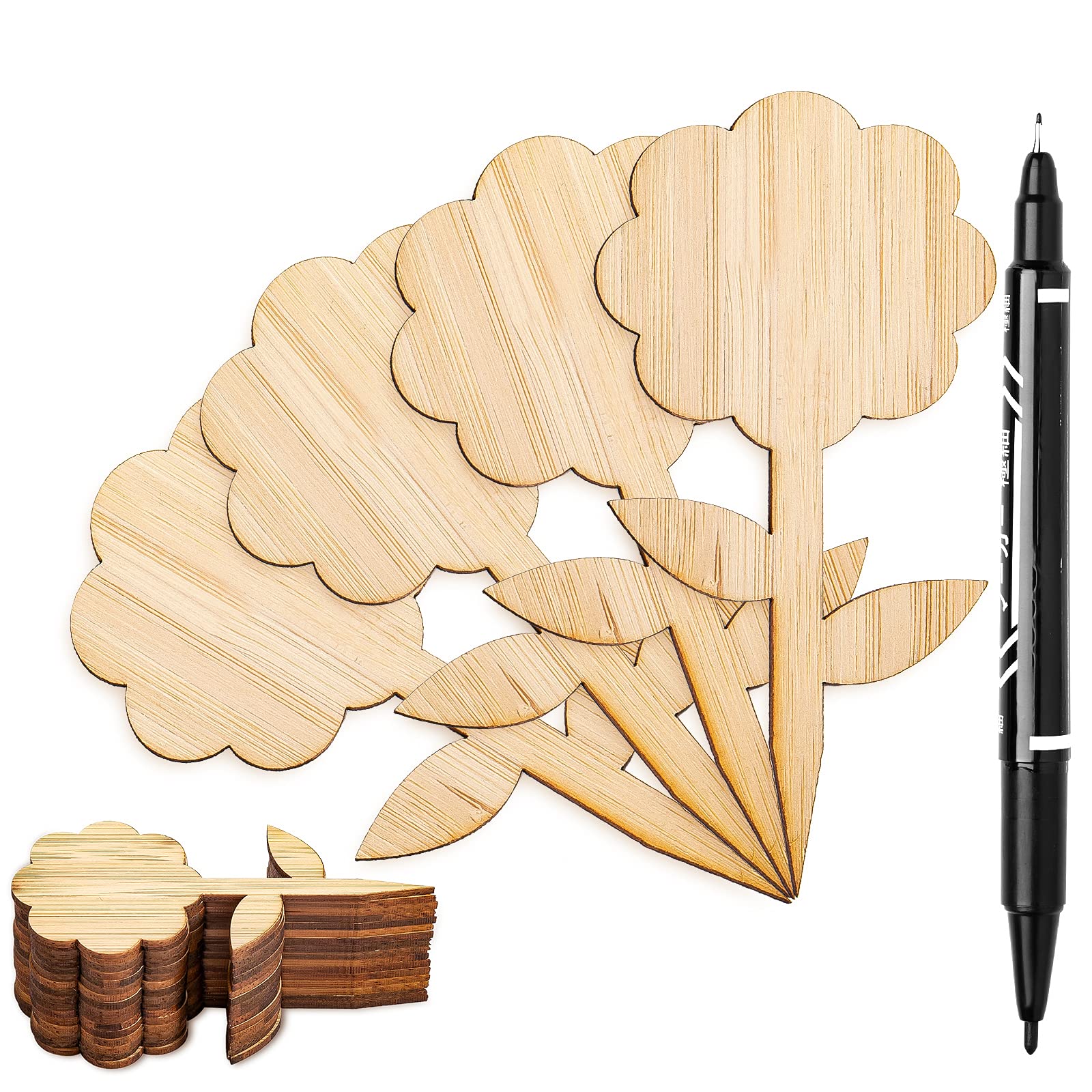 Whaline 60Pcs Flower-Type Bamboo Plant Labels with 1 Marker Pen Eco-Friendly Wooden Plant Sign Tag Wood Garden Marker Decorative Garden Tags for Seed Potted Herbs Flowers Vegetables (5 x 10 Cm)