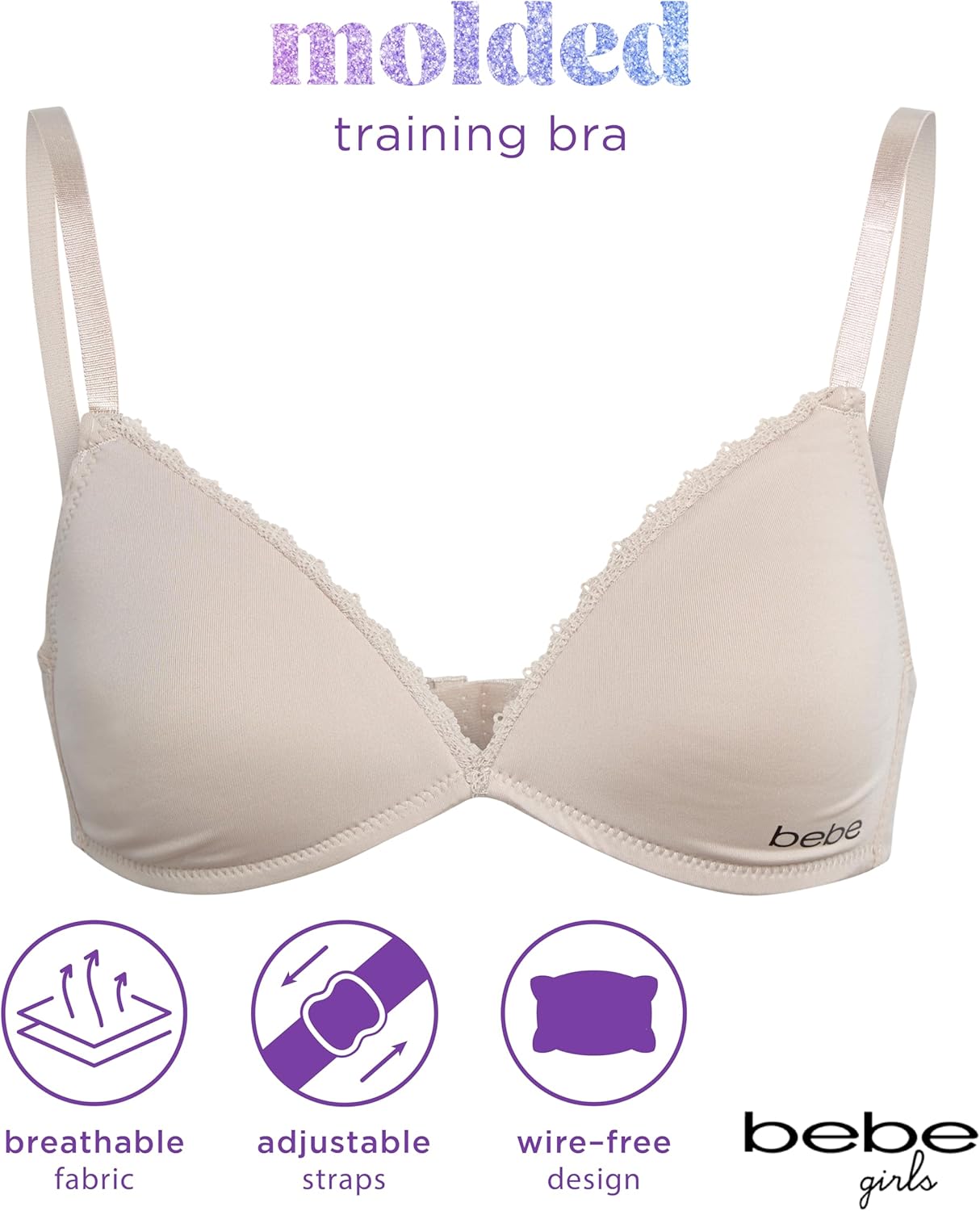 bebe Girls Training Bra - 3 Pack Molded Padded Training Bras with Adjustable Straps, Wireless Girls Bras for Tweens and Teens