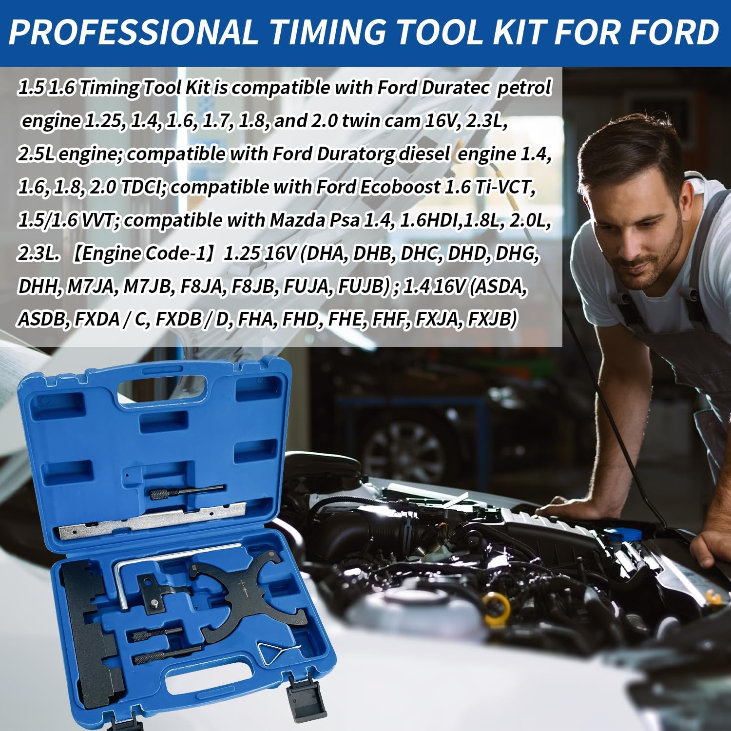 9Pcs Engine Camshaft Alignment Timing Tool Kit, Timing Tool Kit Compatible with Ford Focus Fiesta Mazada 1.5 1.6 VCT, Camshaft Flywheel Locking Tools 303-1097
