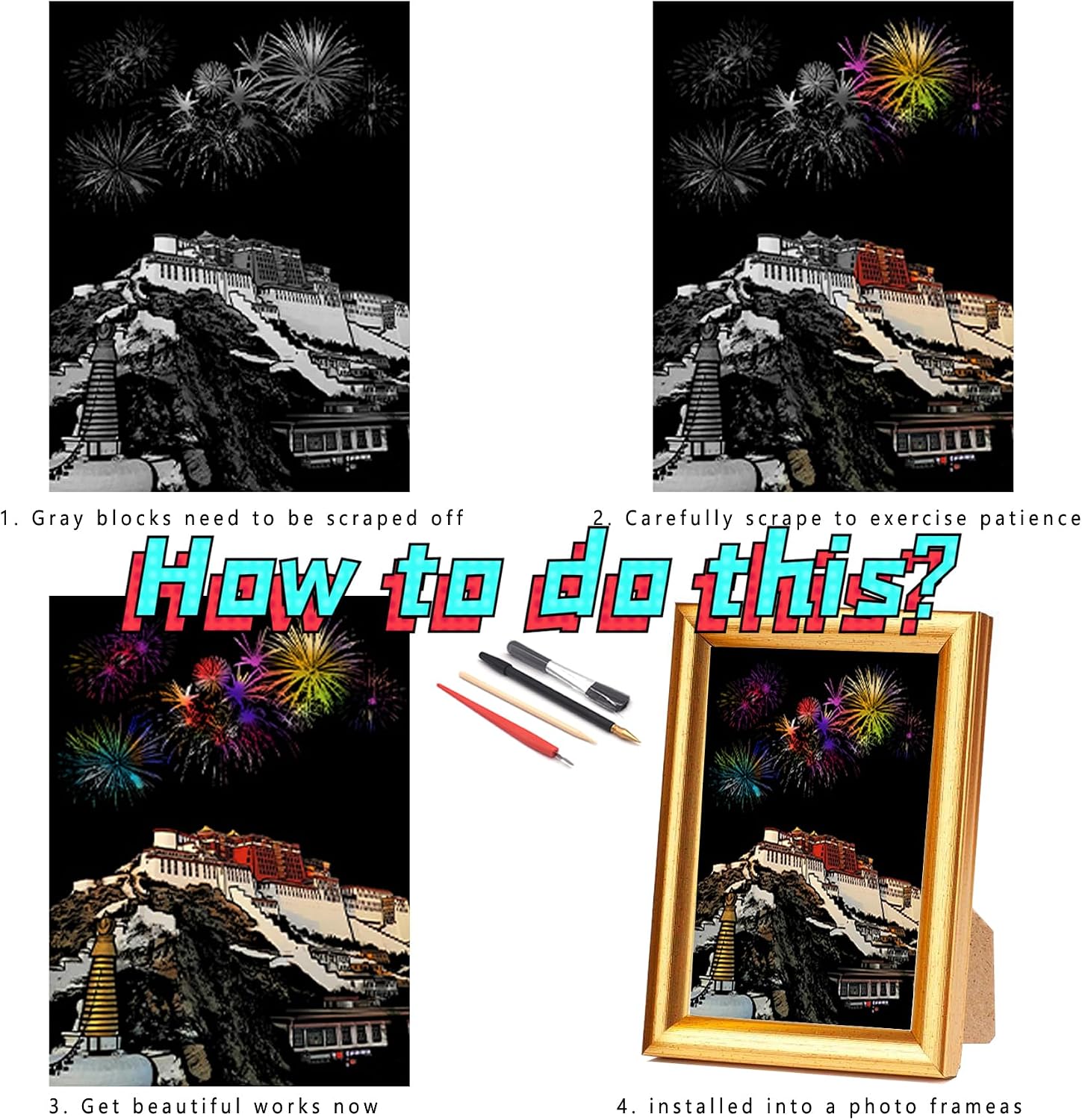 DESINIK Rainbow Scratch Art Painting for Adults & Teens -Scratch Painting Foil Art for Adults & Teens, Scratchboard Set(A5) with 4 Tools & 8 Sheets,City Series Creative Scratch Art (Xian)
