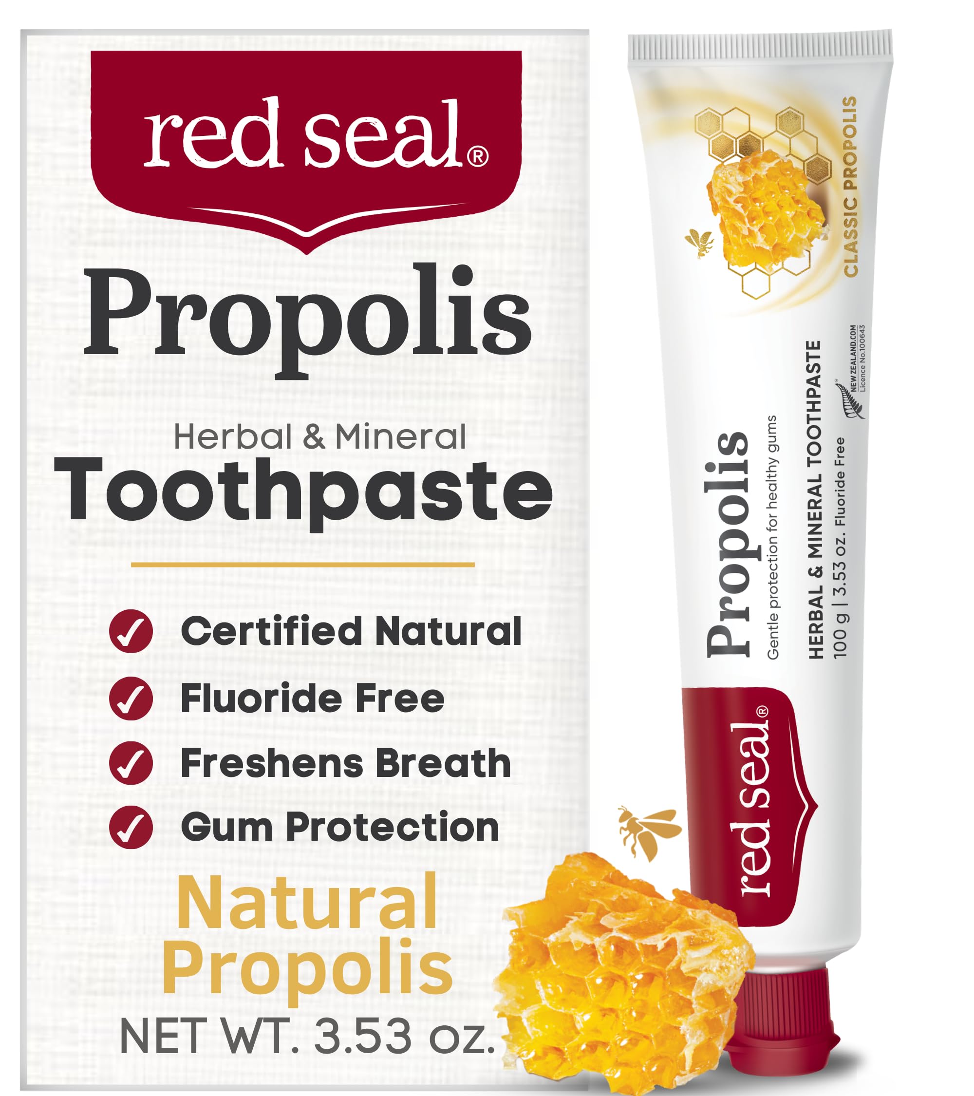 Red Seal Propolis Fluoride Free Natural Toothpaste - Mild Mint - 3.53 oz Natural Propolis 3.5 Ounce (Pack of 1)