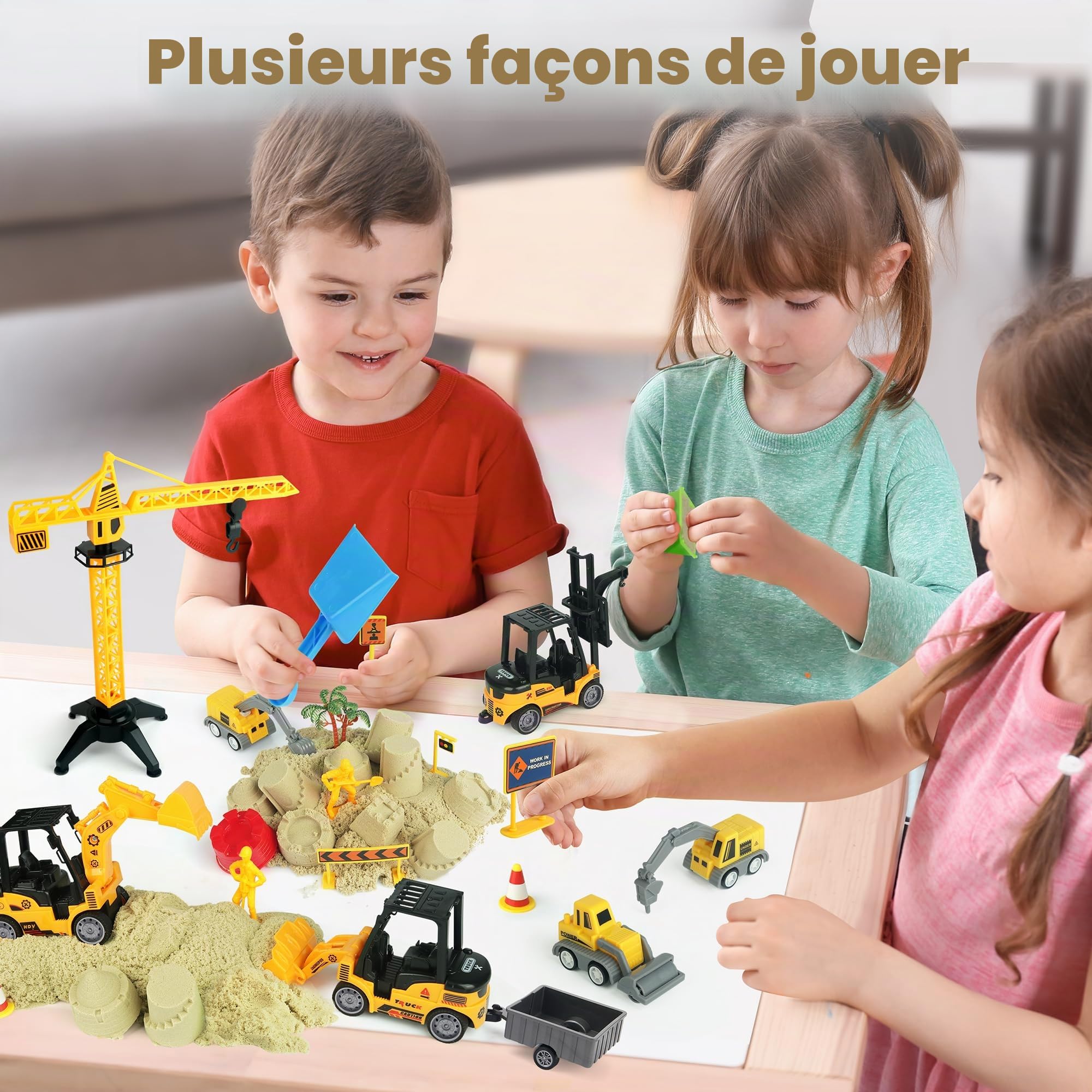 Kit de Chantier de Construction - 37 Pièces avec 8 Camions, Bac à Sable Pliable, Sable Magique 1 kg, Grue, Travailleur, Panneaux de Signalisation, Moules