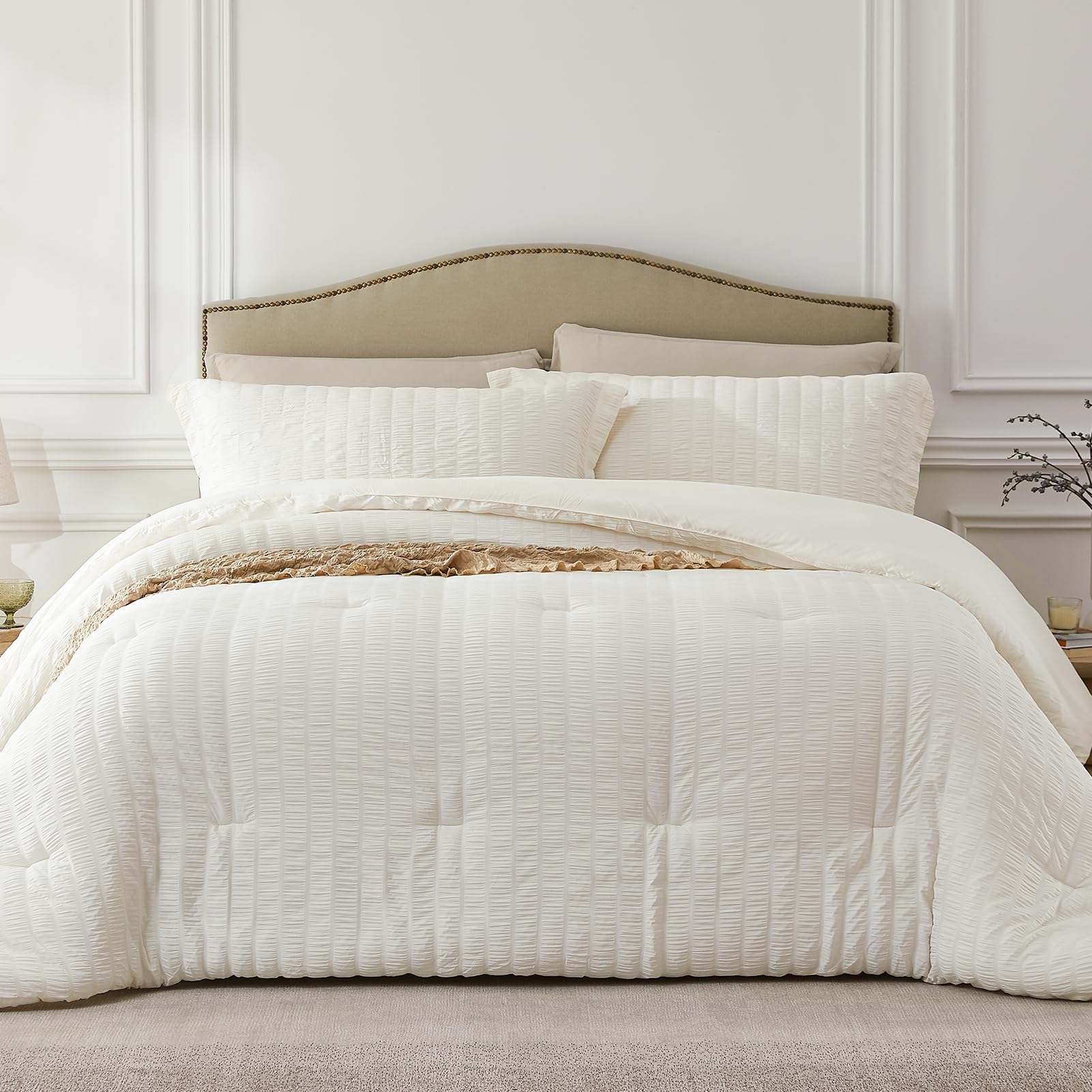 Photo 1 of Beige Oversized Queen Comforter Set - 3 Pieces Seersucker Lightweight Bedding Comforter Sets (1 Soft Fluffy Comforter & 2 Pillowcases) - All Seasons Cozy Farmhouse Bed Sets for Women Men Beige Queen XL (98''*98'')