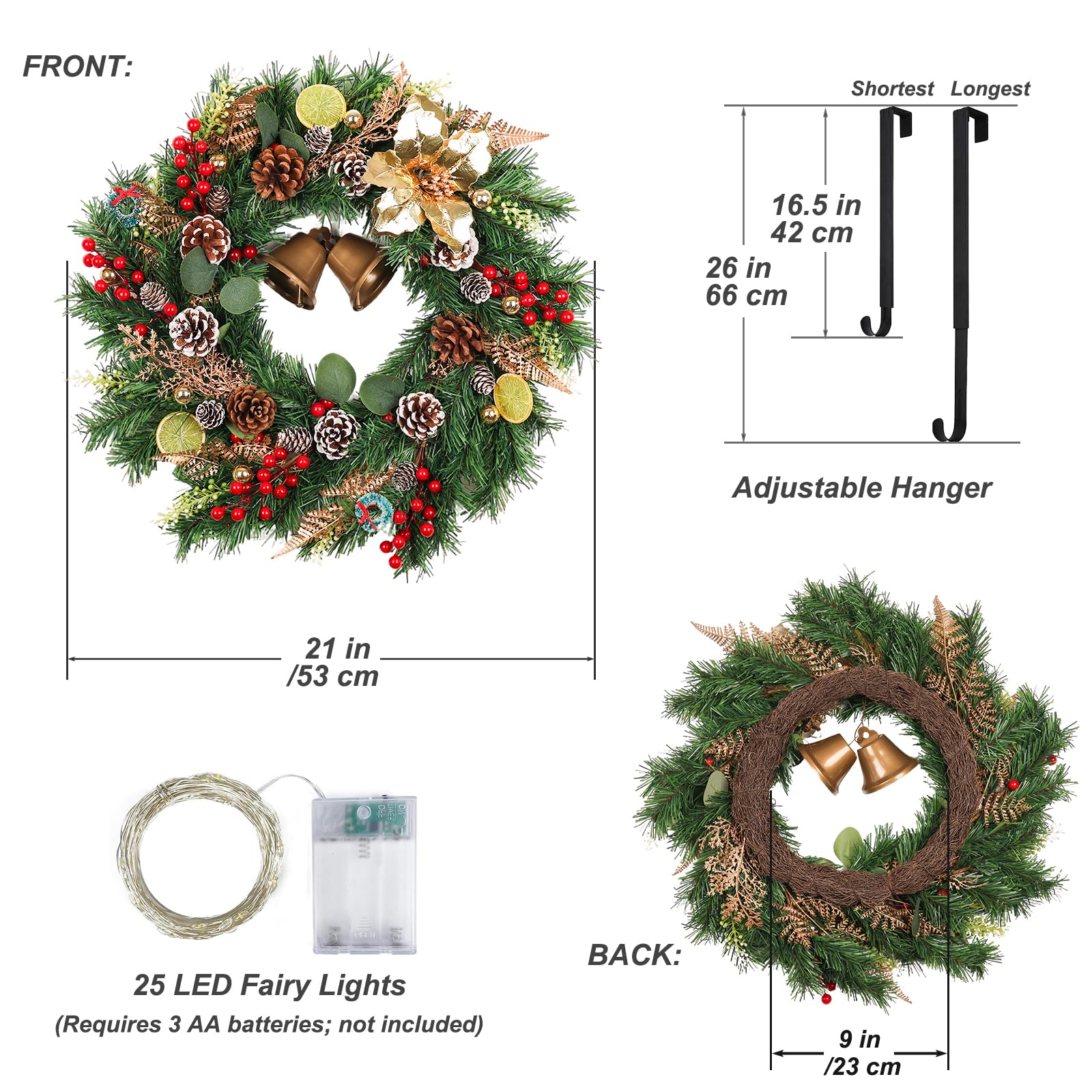 Ghirlanda natalizia pre-illuminata da 55,9 cm, con gancio regolabile per porta d'ingresso, ghirlande natalizie artificiali con pigne smerigliate, campane, bacche rosse e fette di limone, fatte