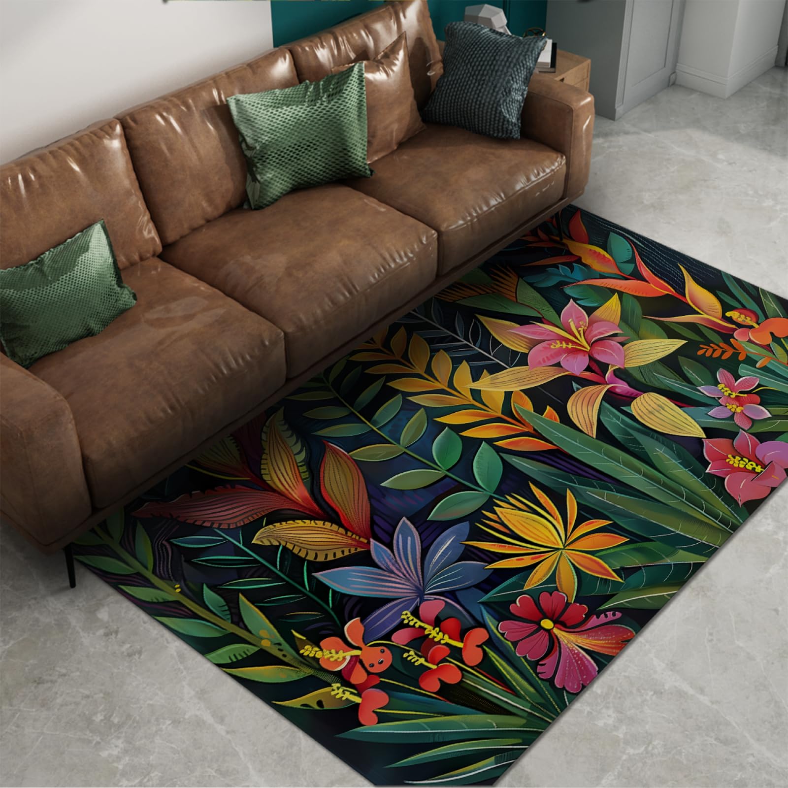 Bunte Blumen Kinderzimmerteppich 60x100cm - grüne Pflanzen Türmatte moderner stilvoller Wohnzimmer dekorativer Teppich leichte Faltbare Teppiche für das Schlafzimmer