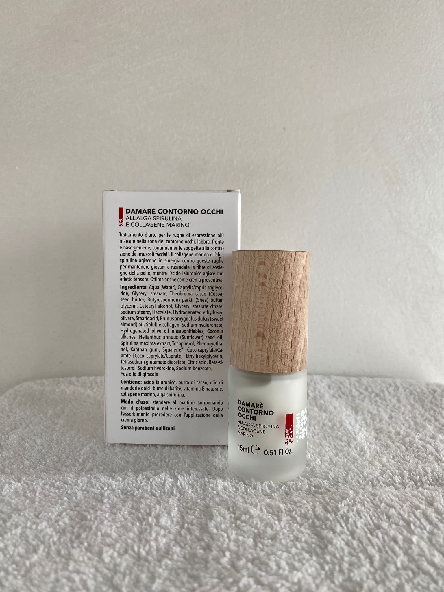 Damarè Contorno Occhi, crema contorno occhi al Collagene marino e Alga spirulina. 15 ml.