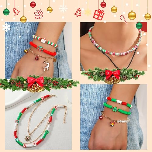 Miniatura 4 de Kit de fabricación de pulseras de arcilla navideña para principiantes con 4500 piezas de cuentas Heishi planas de polímero blanco, rojo y verde,