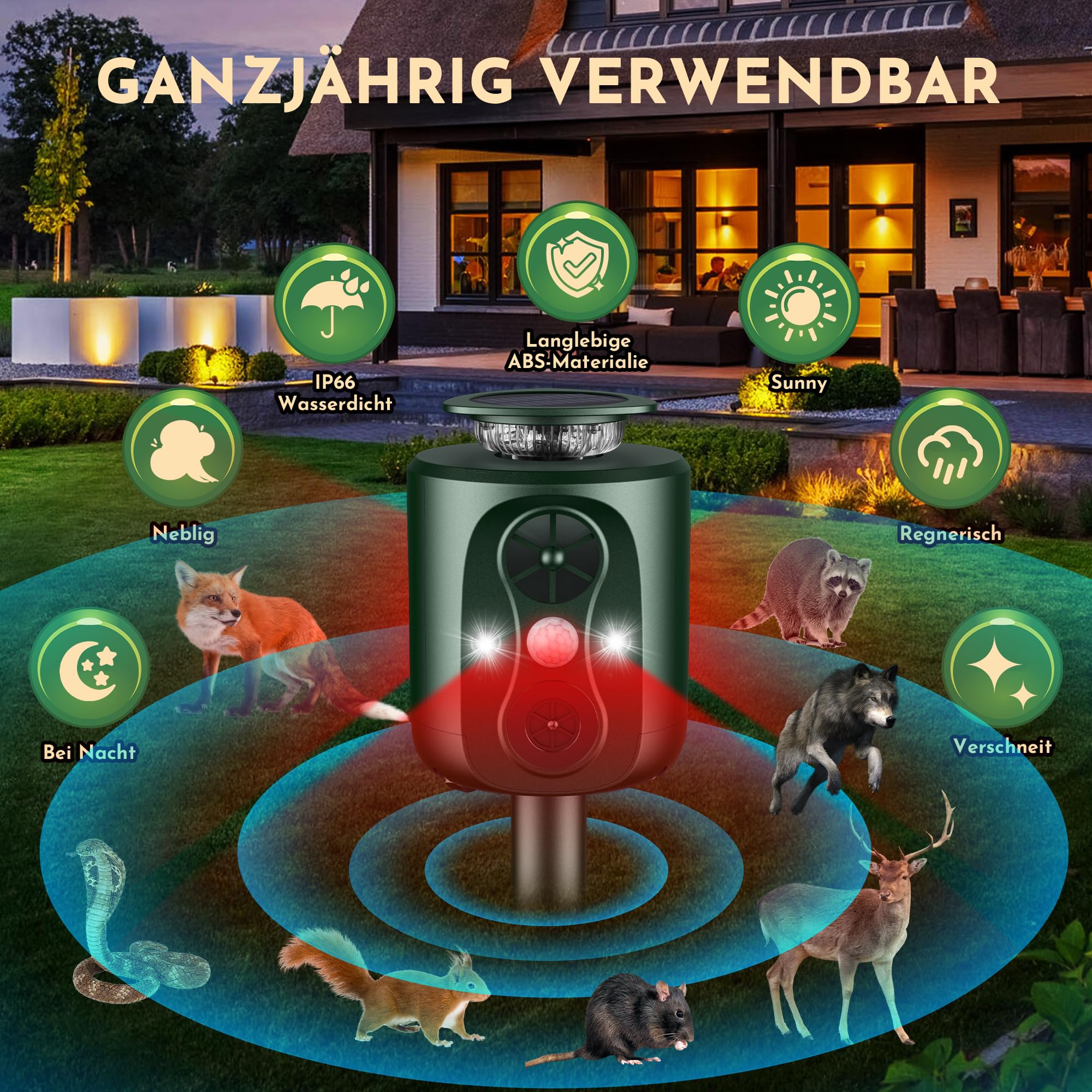 Katzenschreck Ultraschall Solar Tiervertreiber, 360° Marderschreck mit LED-Licht Katzenabwehr Marderabwehr Garten IP66 Wasserdicht 5 Modus Waschbär Abwehr für Katzen Hunde Marder Mäuse Vögel