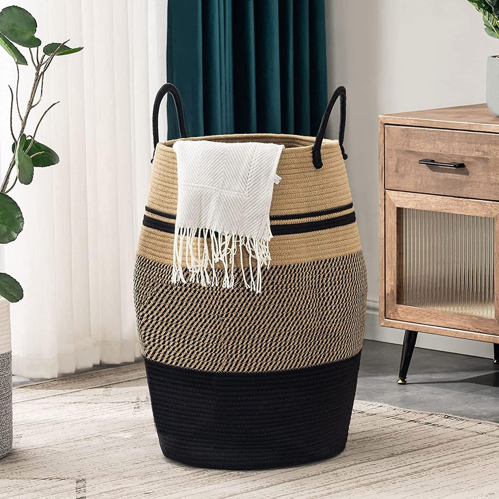 Cesto per la biancheria, cesto portabiancheria extra large, alto, in cotone intrecciato, per vestiti, giocattoli, coperte, organizer pieghevole di alta qualità per camera da (39x49x65 cm)