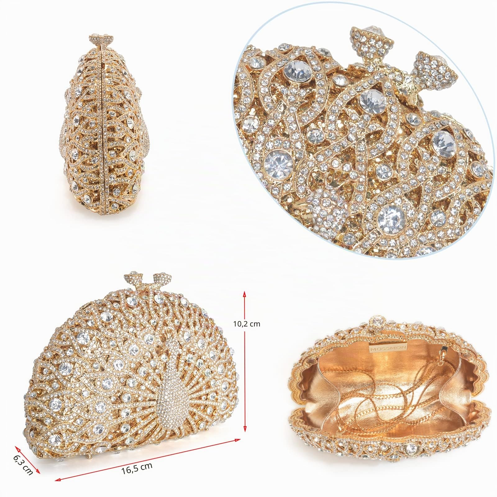 MOSSMON Bolso de mano de lujo de pavo real con diamantes de imitación de cristal, para novia, boda, fiesta, monederos para mujer