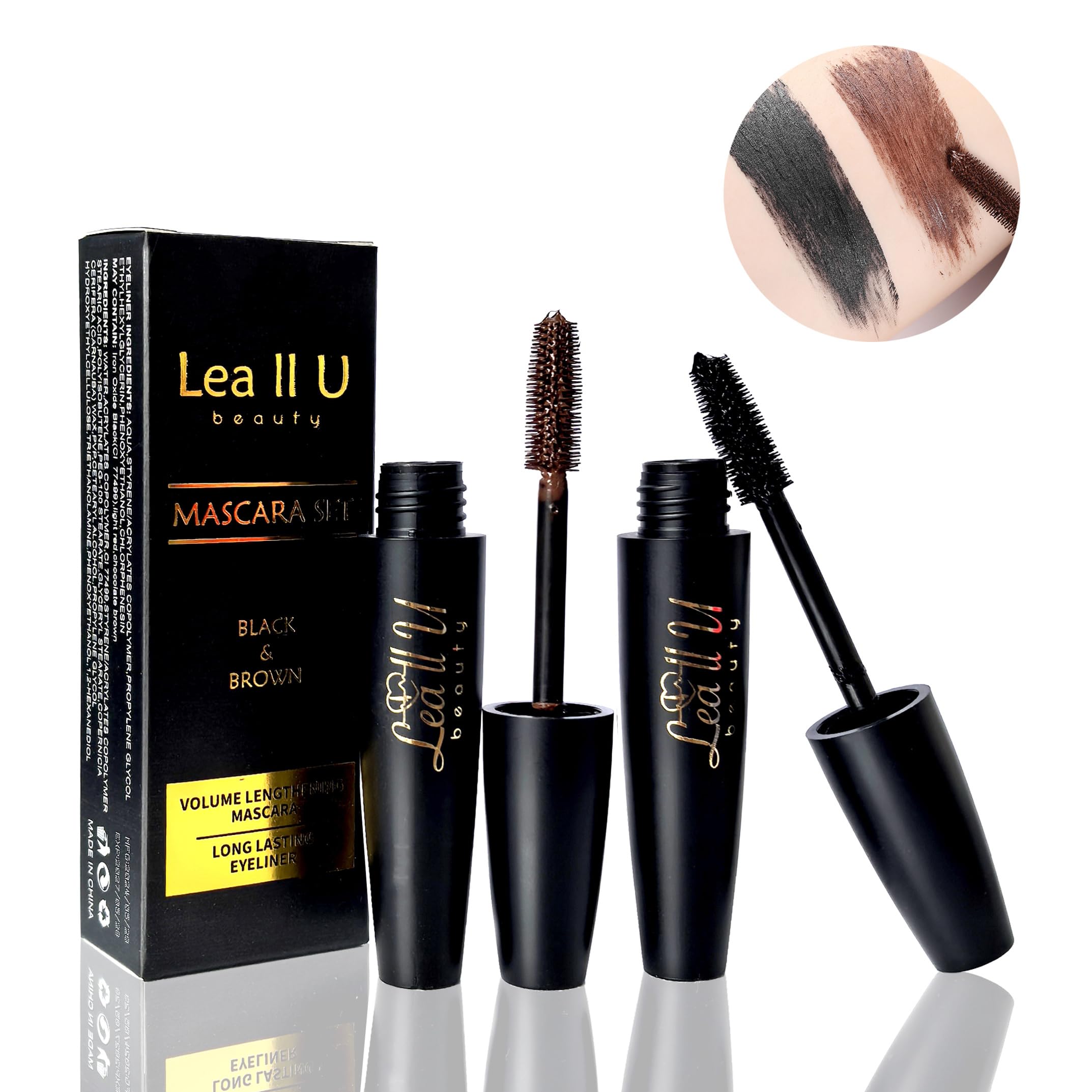Lea ll U Mascara Set, Pack of 2, High Volume, Thick and Curly, Brown & Black, 2 Colors Eyelash