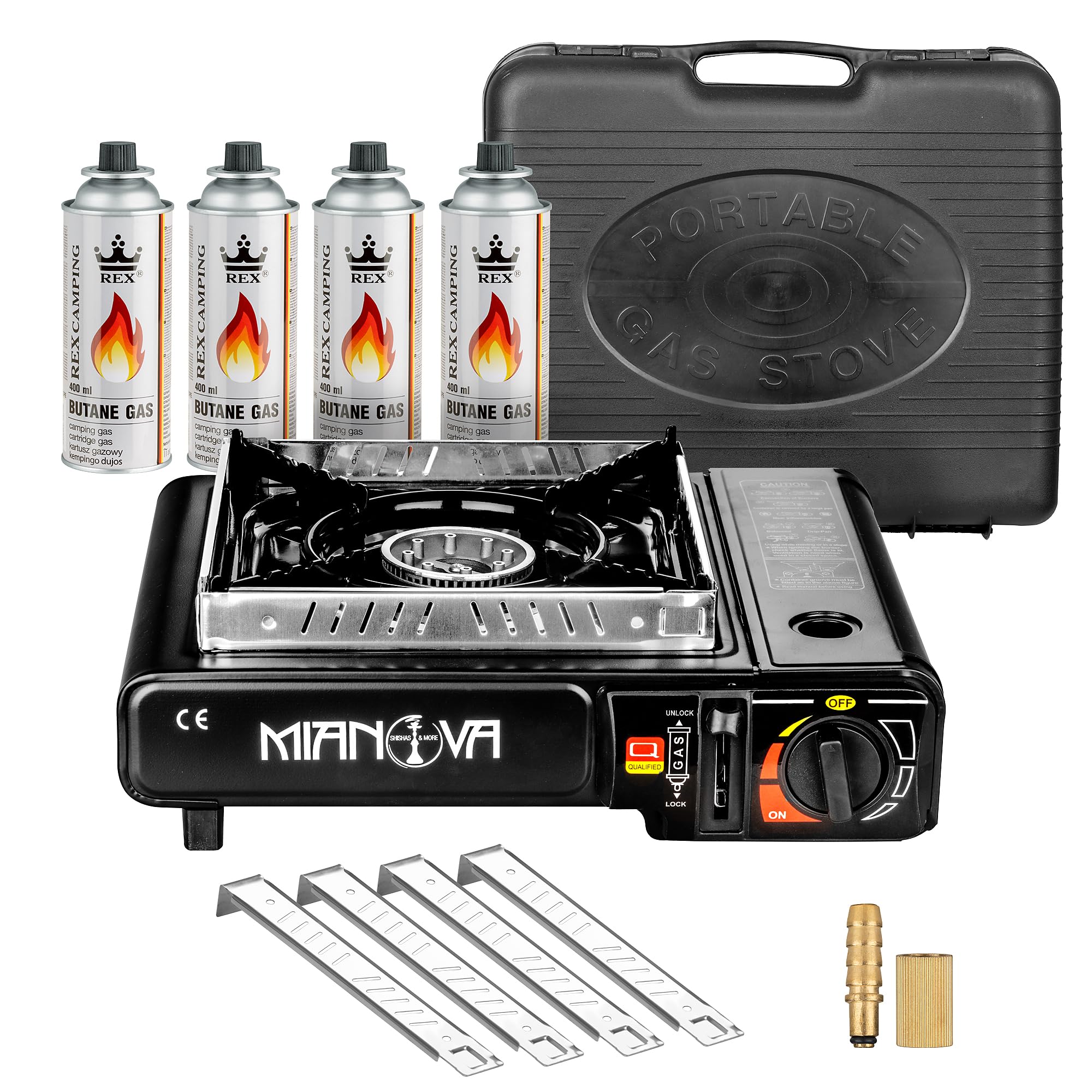Taffstyle 2-in-1 LPG-aansluiting gas campingkooktoestel gasfornuis outdoor BBQ grill noodkooktoestel camping fornuis 1 vlammig koffer windscherm gaspatronen zwart fornuis 4 gasflessen
