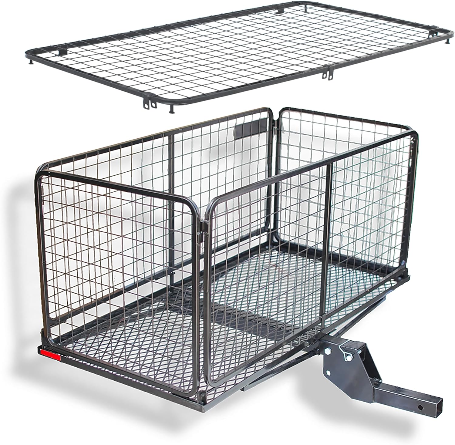 Carpod One-Piece Heavy Duty Hitch Mount Cargo Carrier 48”x24”x22” Tall Side Walls, Lockable Top Lid 4” Rising Cargo Rack Tow Hich Luggage Basket, Load Any Size Cargo Safly, 450 Lbs, Galvanized Frames