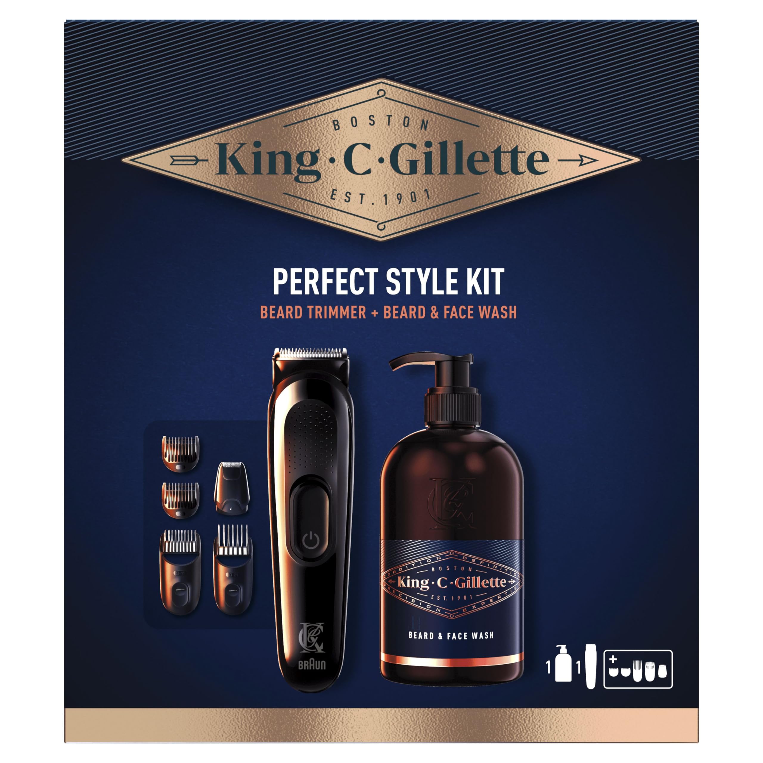 King C. Gillette Recortadora Para Hombre, Kit De Regalo, Máquinilla de afeitar, Recortadora De Barba Eléctrica Y Gel Limpiador 3 En 1 Para Barba, Rostro Y Pelo, 350 ml