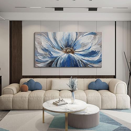 Miniatura 3 de Arte de pared en lienzo de flores para sala de estar, gran imagen de flores blancas y azules, pintura de impresión giclée, decoración de pared, arte