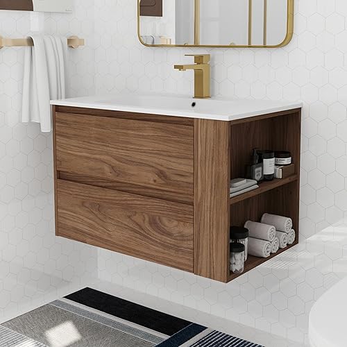 Goujxcy Tocador de baño montado en la pared de 30 pulgadas con fregadero, moderno mueble de baño flotante con lavabo de gel blanco y cajón de