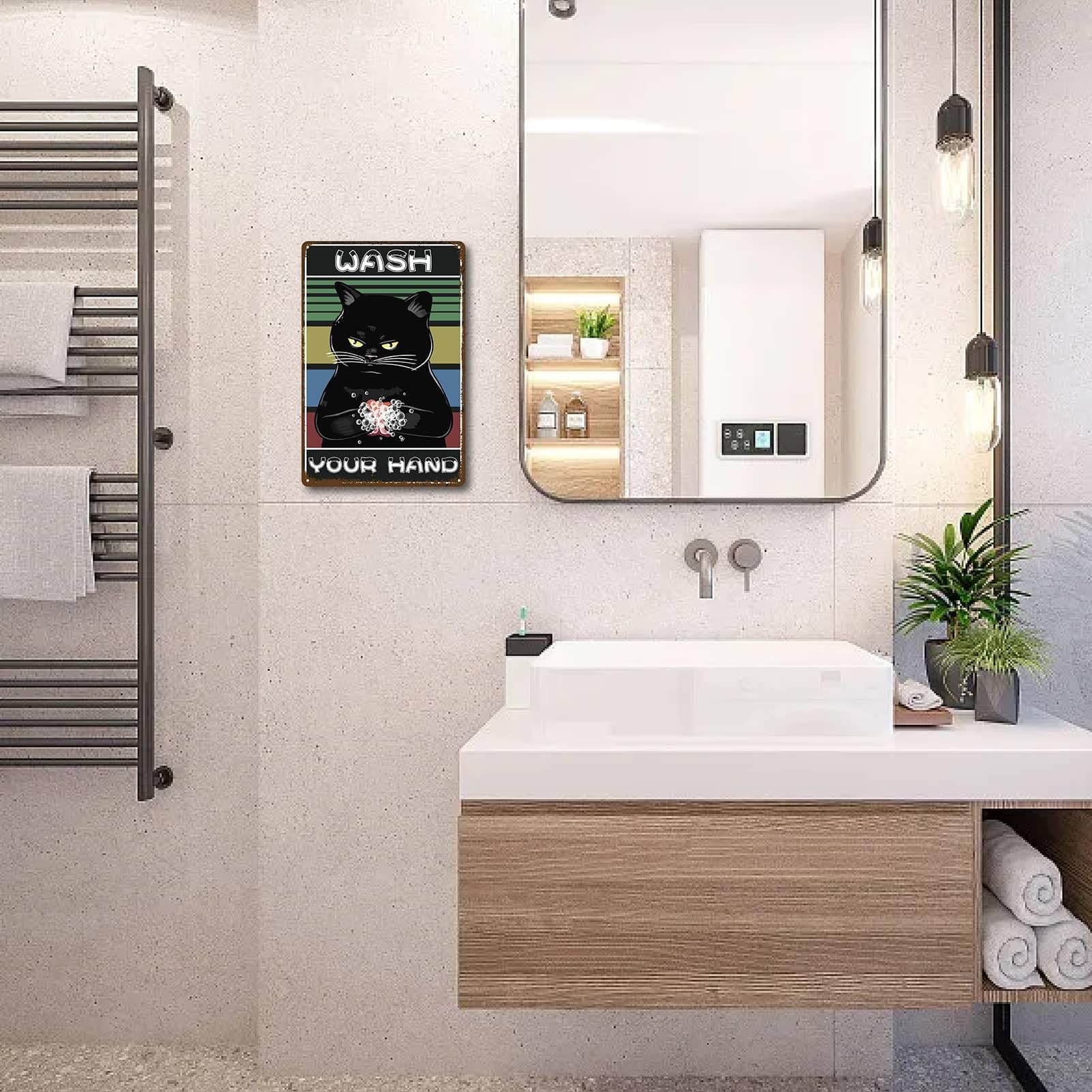 Targa Divertente In Metallo Con Gatto Nero - EMOHAT Cartello 'Lavarsi Le Mani' Per Bagno, 20,3x30,5 Cm
