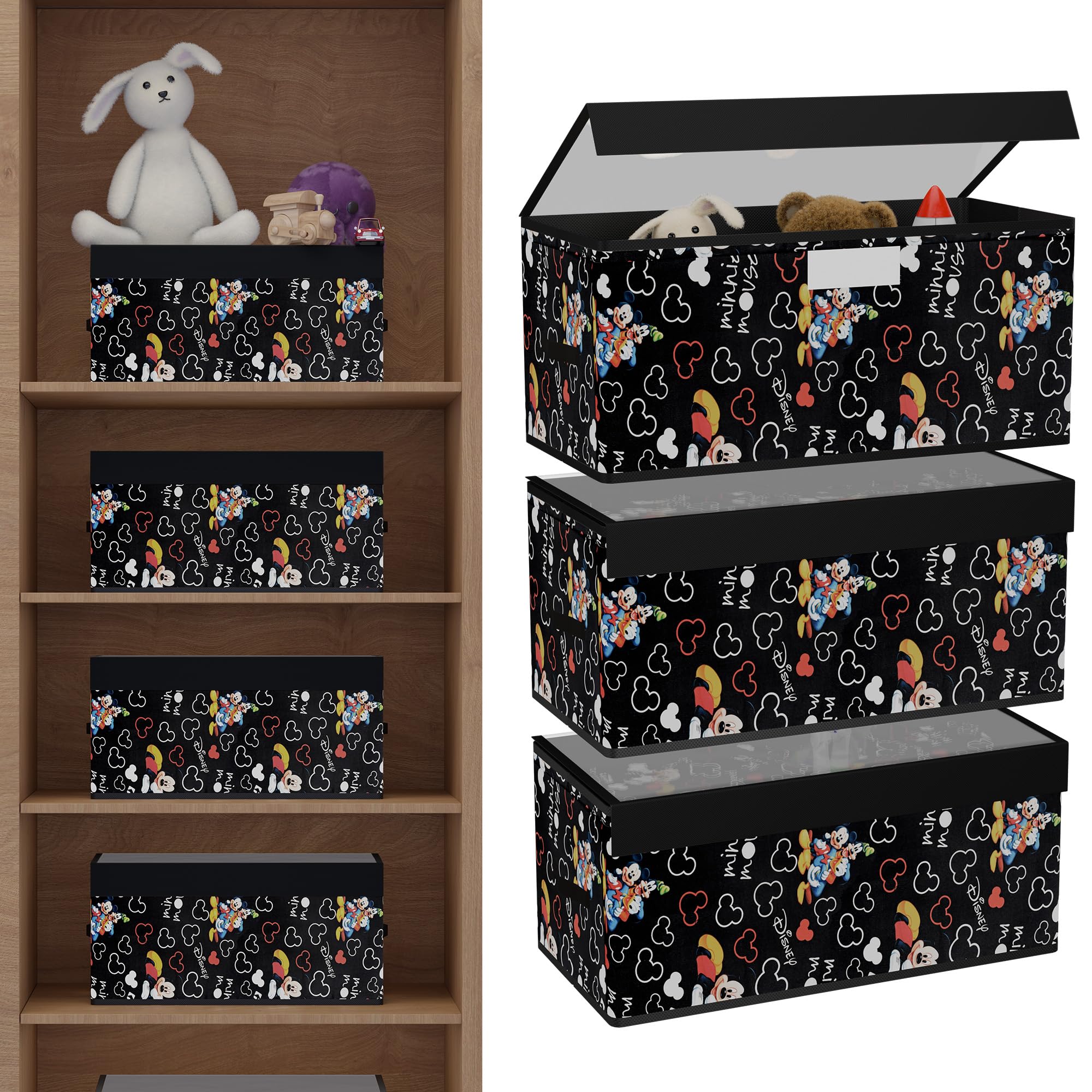 Kuber Industries 3 Pcs Storage Box for Wardrobe with Transparent Lid | Closet Organizers/Baby Clothes Organizer | Foldable Dress Organizer | Disney Minnie Cupboard Organiser | Small | Black