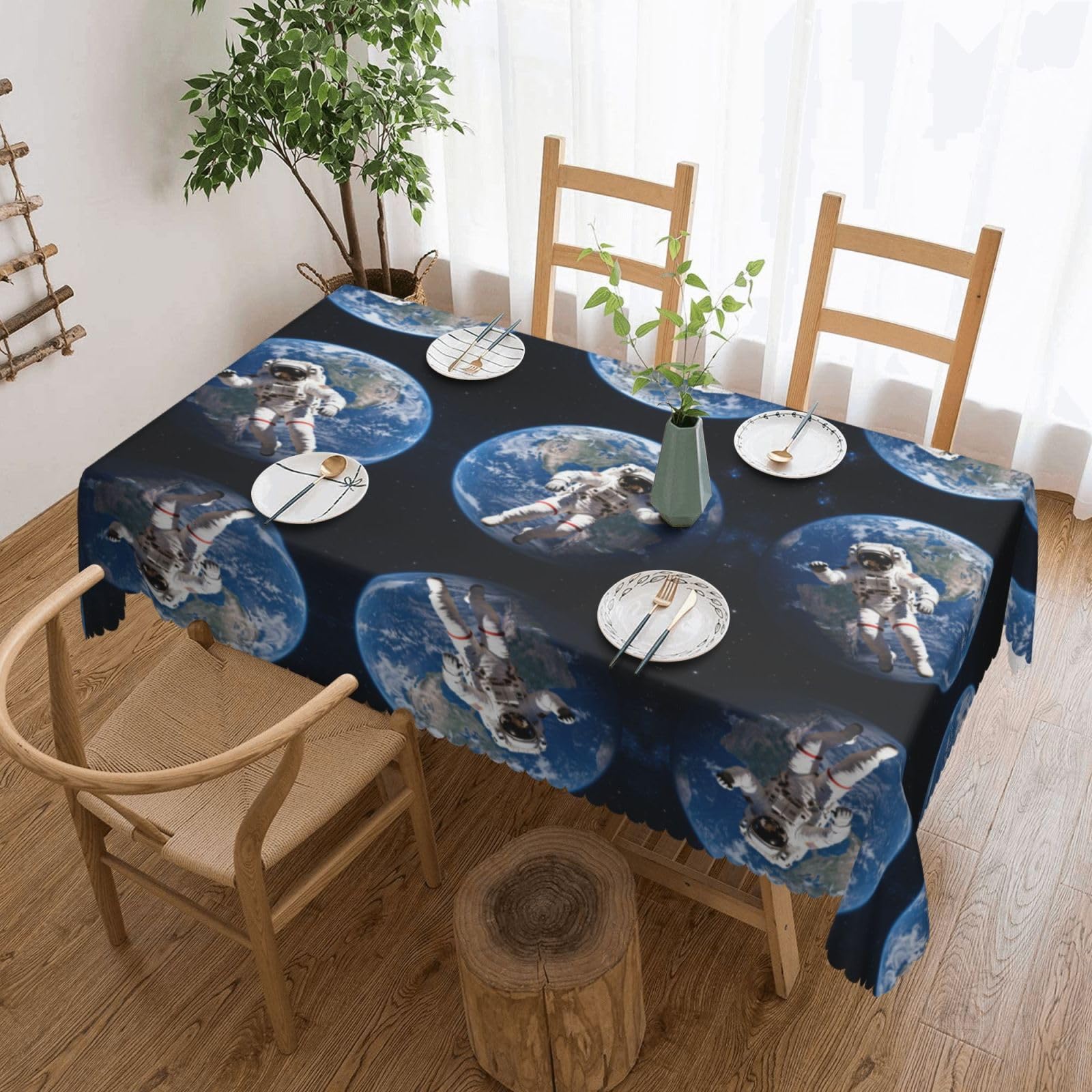 CNTDBU Astronaut Floating Space Scalloped Edge Tablecloth 54x72-Waterproof Stain Resistant Wrinkle Free Cover, Square Table Cloth for Dining Party