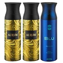 Ajmal Aurum & Aurum & Blu Deodorant Spray – For Men & Women (200 ml, Pack of 3) + 1 Perfume Tester