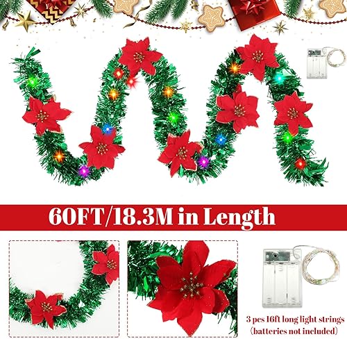 Miniatura 2 de 60 ft Christmas Tinsel Garland Lighted Prelit Metallic Garland Artificial Red Poinsettia Glitter Tinsel Garland for Indoor Outdoor Winter Christmas