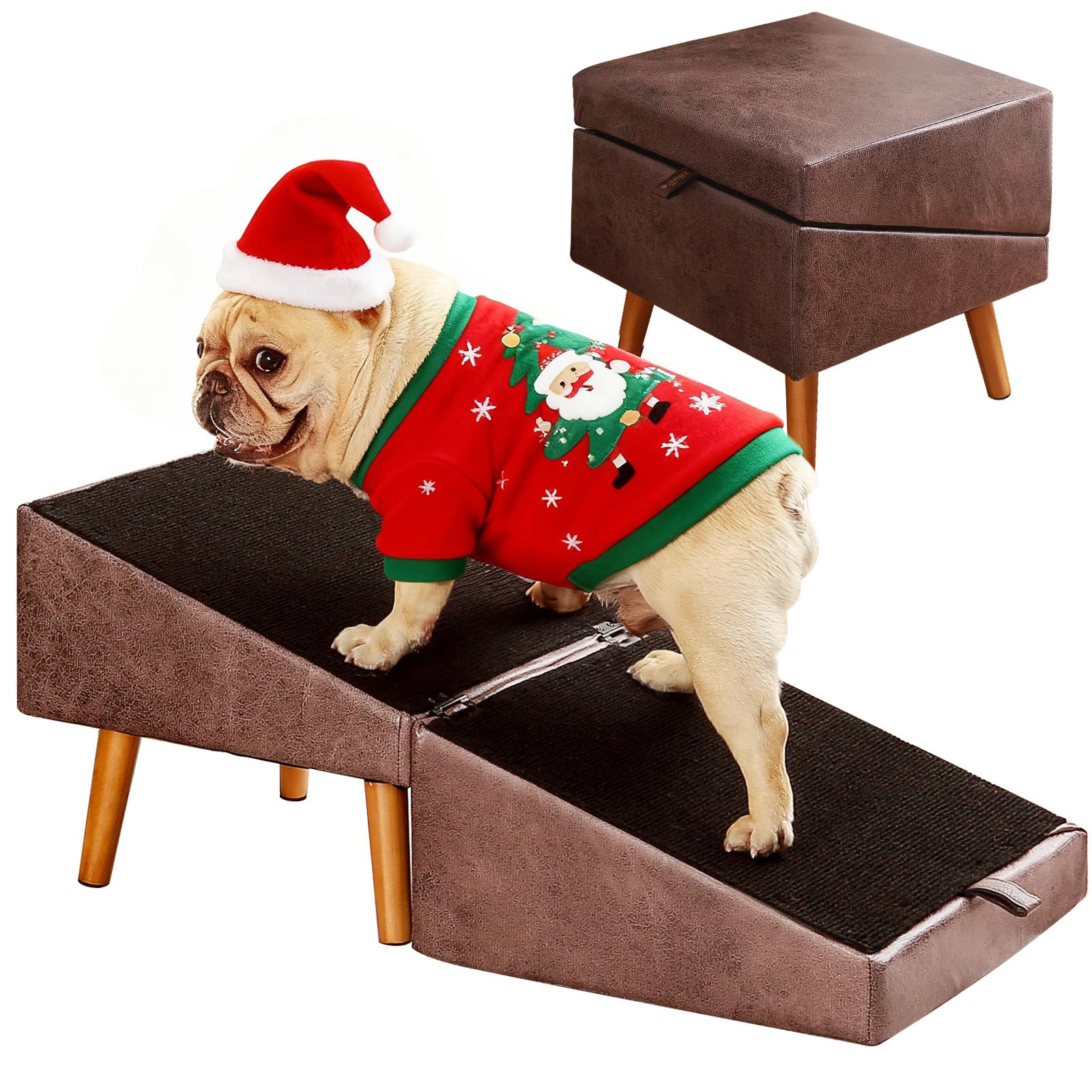 Dog Stairs for Small Dogs and Cats, Dog Ramp for Couch and Bed, Foldable 2-in-1 Wooden Pet Steps for Puppy, Split Ottoman Design?Brown?