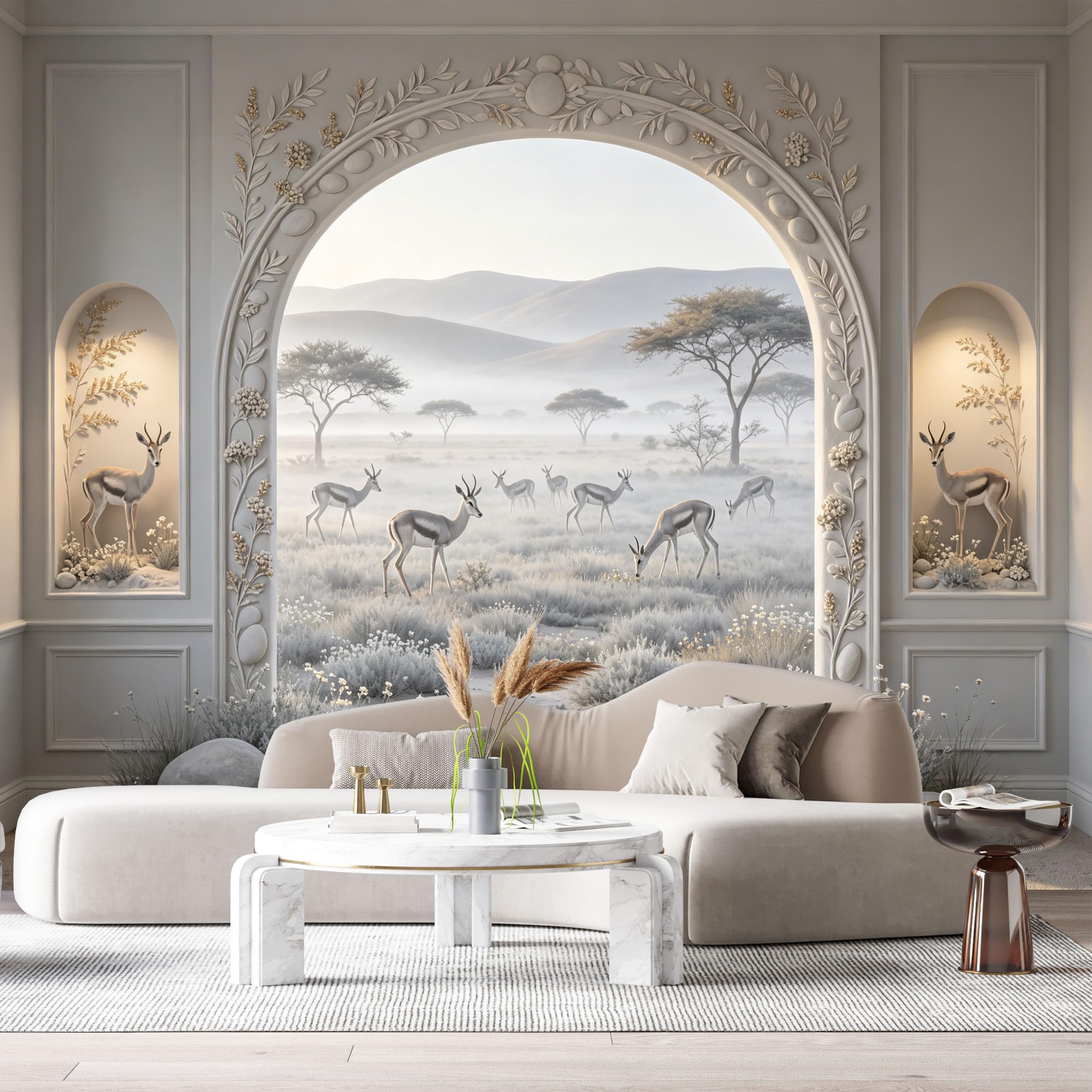 Custom Size Wall Murals Neoclassical Arch African Wildlife Savanna Mist 3D Trompe L'Oeil SelfAdhesiveWall Fabric Removable Wallpaper Wall Decor for Living Room Bedroom Bathroom