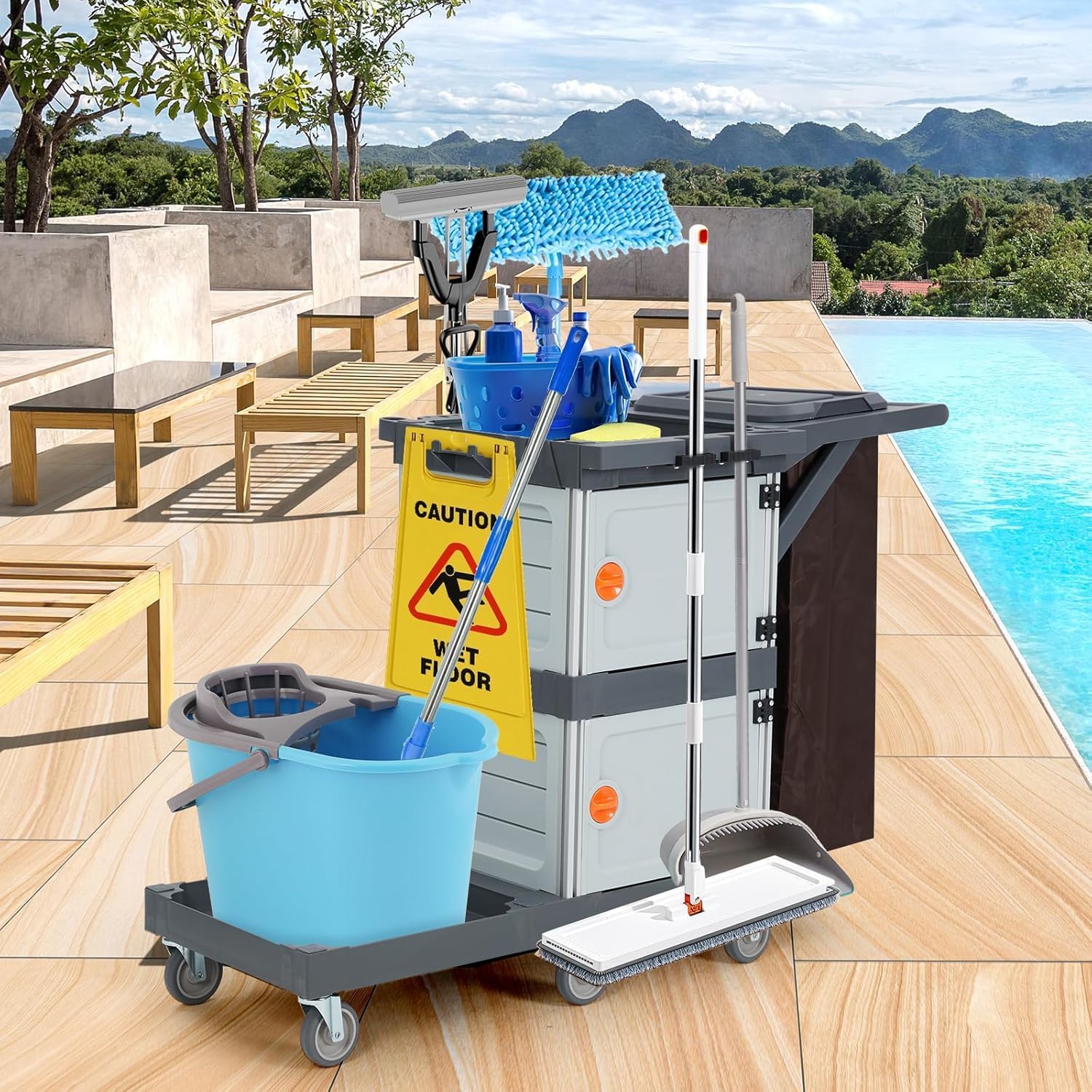 Commercial Janitorial Cleaning Cart: 3 Shelves + 2 Cabinets + Oxford Bag + Cover, Wheel Rolling Housekeeping Cart for School, Hotel, Apartment & More