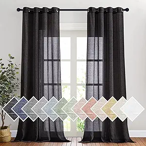 NICETOWN Classic Linen Weave Flax Sheer Window Curtains, Grommet Translucent Drapes Semitransparent Privacy with Light Through for Bedroom/Living Room, Black, W52 x L96, 2 Pieces