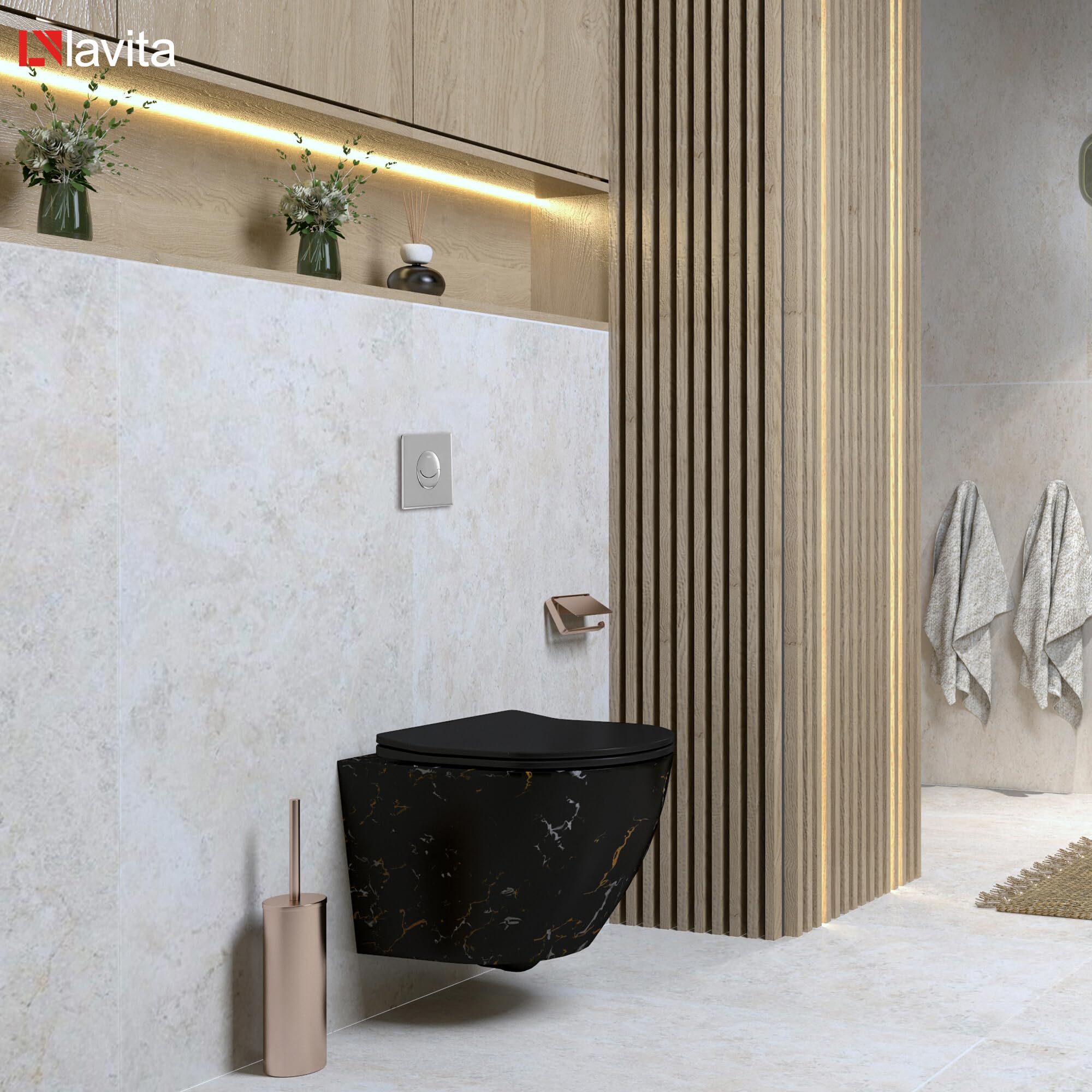 Lavita Vorwandelement Solido Start + Wand Hänge WC Sofi Slim Fire Schwarz Spülrandlos + WC Sitz mit Absenkautomatik Verchromter Knopf Komplettset Unterputz Spülkasten Toilette Komplett Sett WC