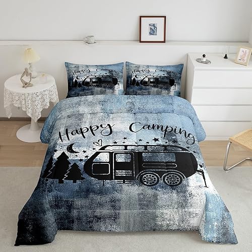 Miniatura 6 de Juego de edredón de campamento para niños y adultos, juego de ropa de cama de pintura al óleo verde azulado, tamaño King, relleno de edredón rústico