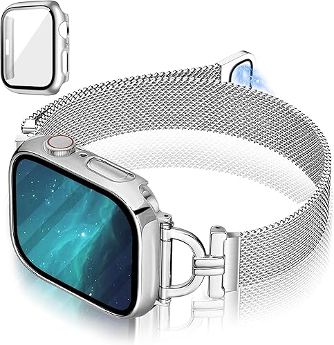 Mazuboho Correa de reloj delgada para Apple Watch de 1.772 pulgadas con funda protectora de pantalla, correa de cierre magnético de malla de acero