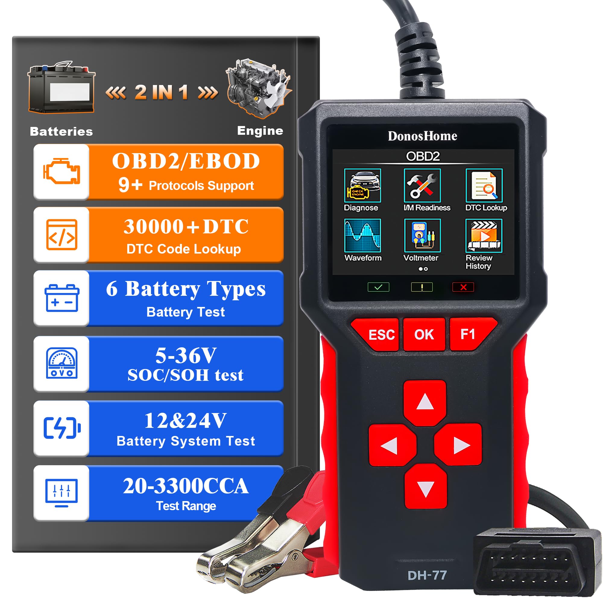 3.2" Big Screen 5 in 1 OBD2 Scanner+Battery Tester 5-36V 20-3300CCA >99.8% Accuracy Test OBD2/EOBD Diagnostic Tool Engine Code Reader EVAP Digital Diagnosis DTC for Car Motorcycle&Truck