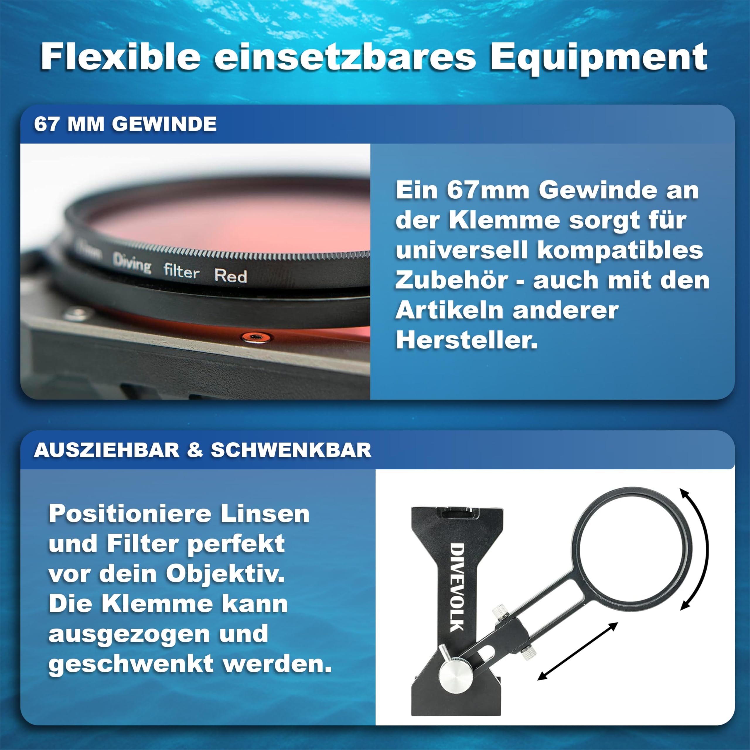 DIVEVOLK Erweiterungsklemme für Sea Touch 4 Unterwassergehäuse mit rotem Filter und Umwandlungsring