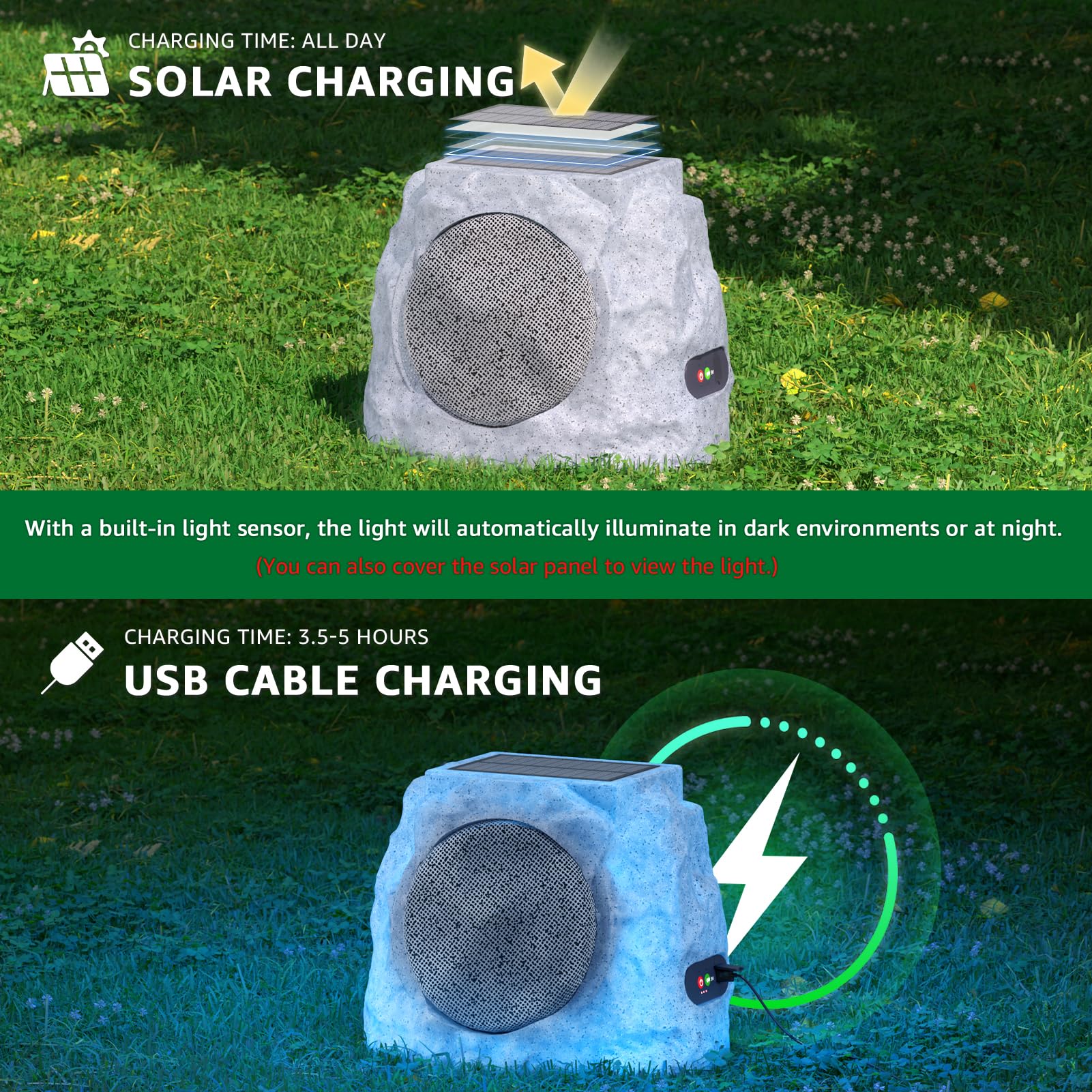 MIKK Outdoor Rock Speakers Waterproof Patio with Lights Color,Multi-Sync Up to 100 Speakers Pairing Solar Powered Rock Speaker Rechargeable for Pool Party Yard Garden Outside 2 Pack - 3