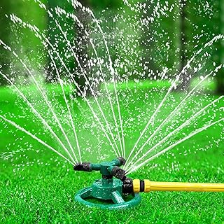 HTLY SPR Garden Sprinkler, Automatic Lawn Sprinkler 360 Degree Rotating 3 Arms Adjustable Water Sprinkler System Large Coverage for Garden Plants Lawn Watering Lawn Irrigation