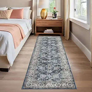 GarveeHome Washable Runner Rug 2.5x8 Vintage Carpet Runner with Non Slip Backing Foldable Non Shedding Retro Accent Low Pile Distressed Throw Rug for Hallway Office Bedroom, Blue