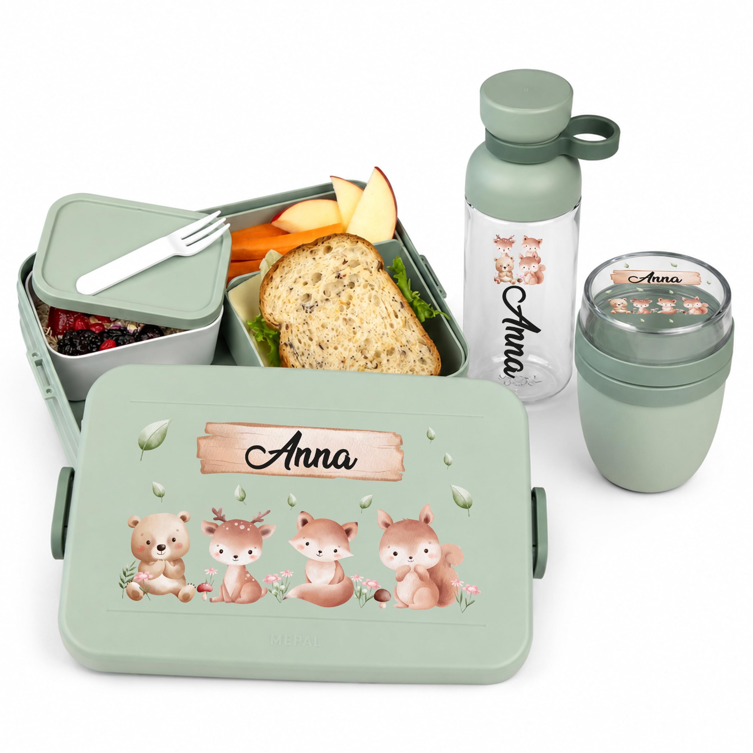 Mepal Personalisierte Brotdose Trinkflasche | Waldtiere Bär Fuchs Reh