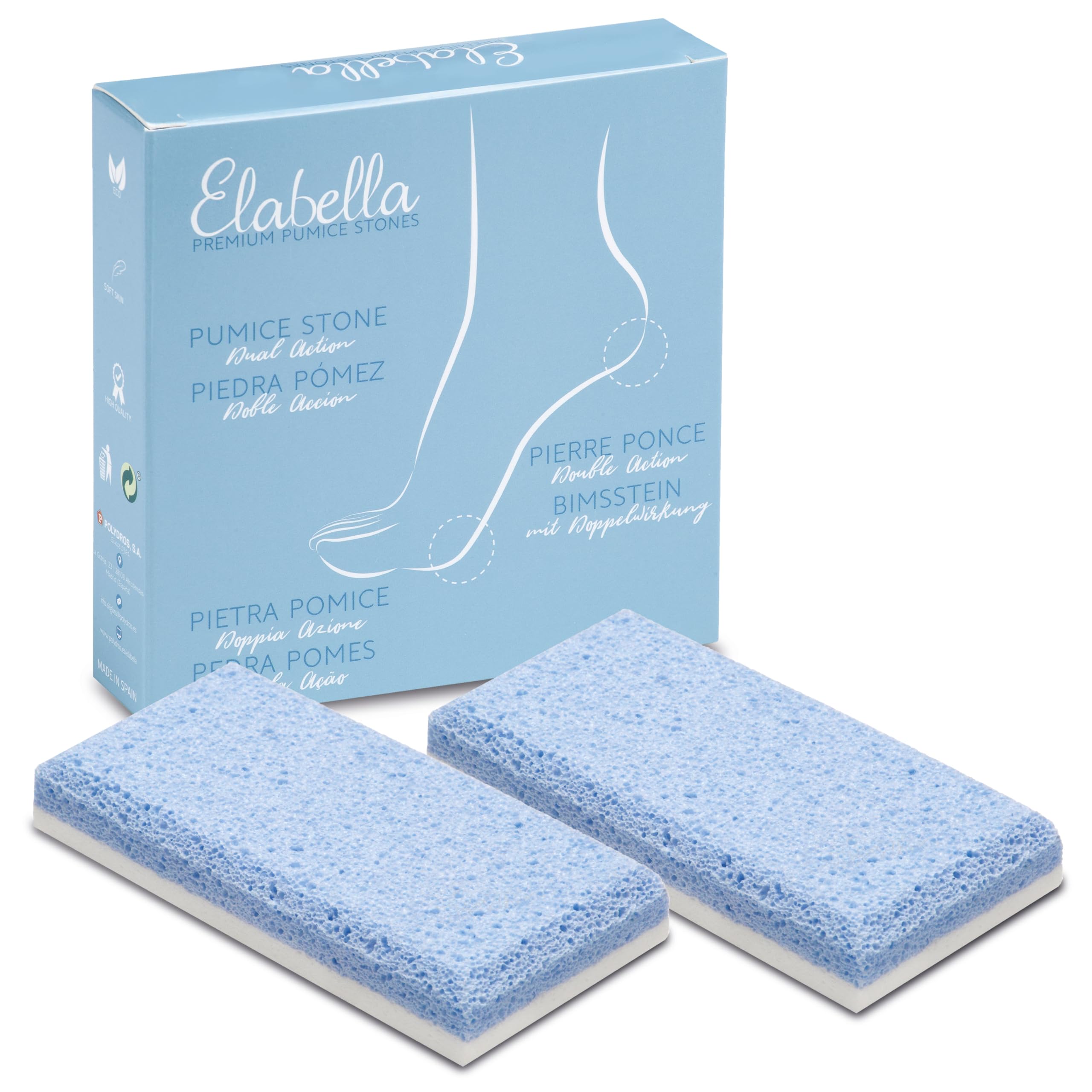 Piedra Pómez Doble Acción para pedicura - Elabella- Pack de 2 unidades - Elimina la piel dura de pies y manos y los suaviza - Lados biselados y estructura Siliglass